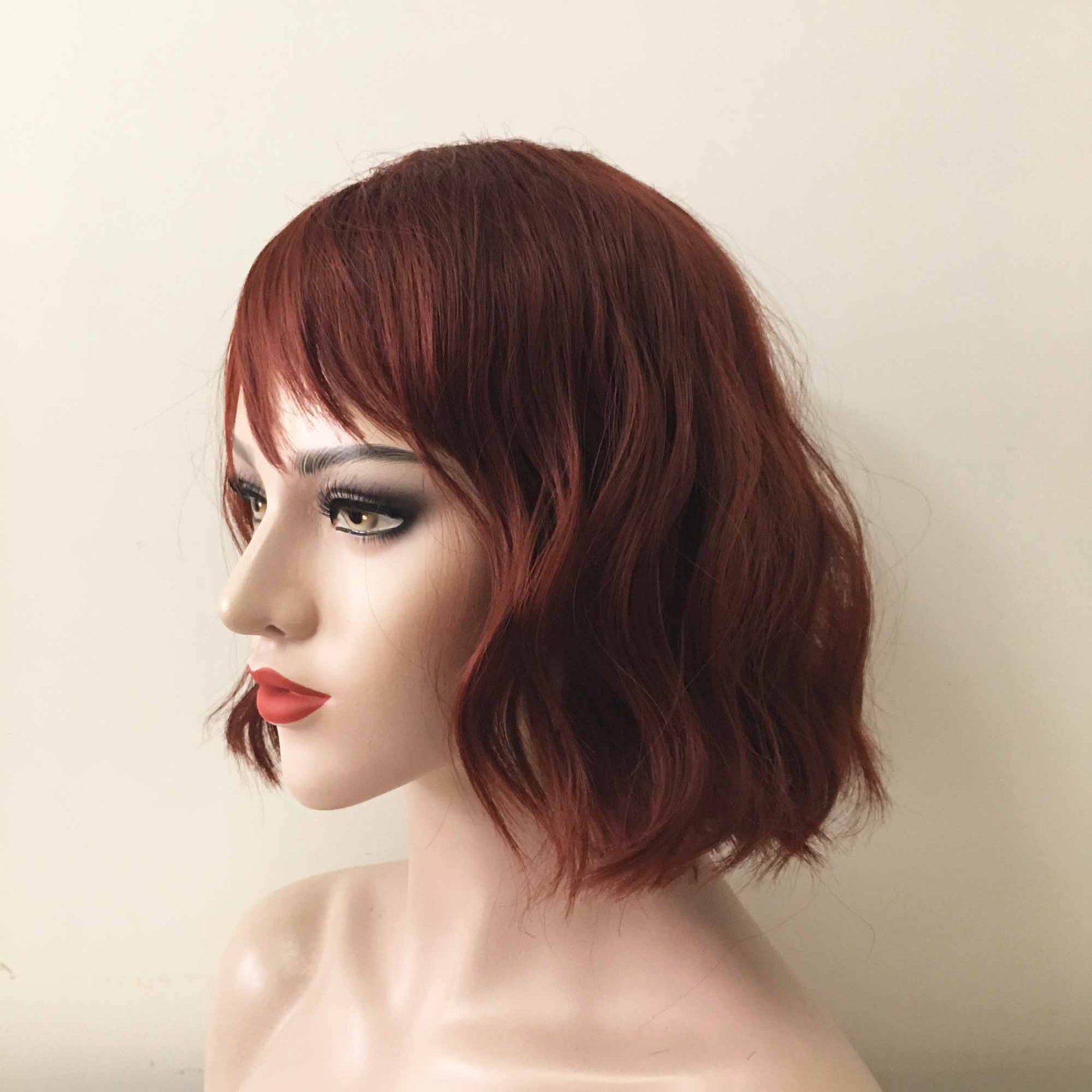 nevermindyrhead Women Auburn Dark Red Short Wavy Bob Fringe Bangs Wig