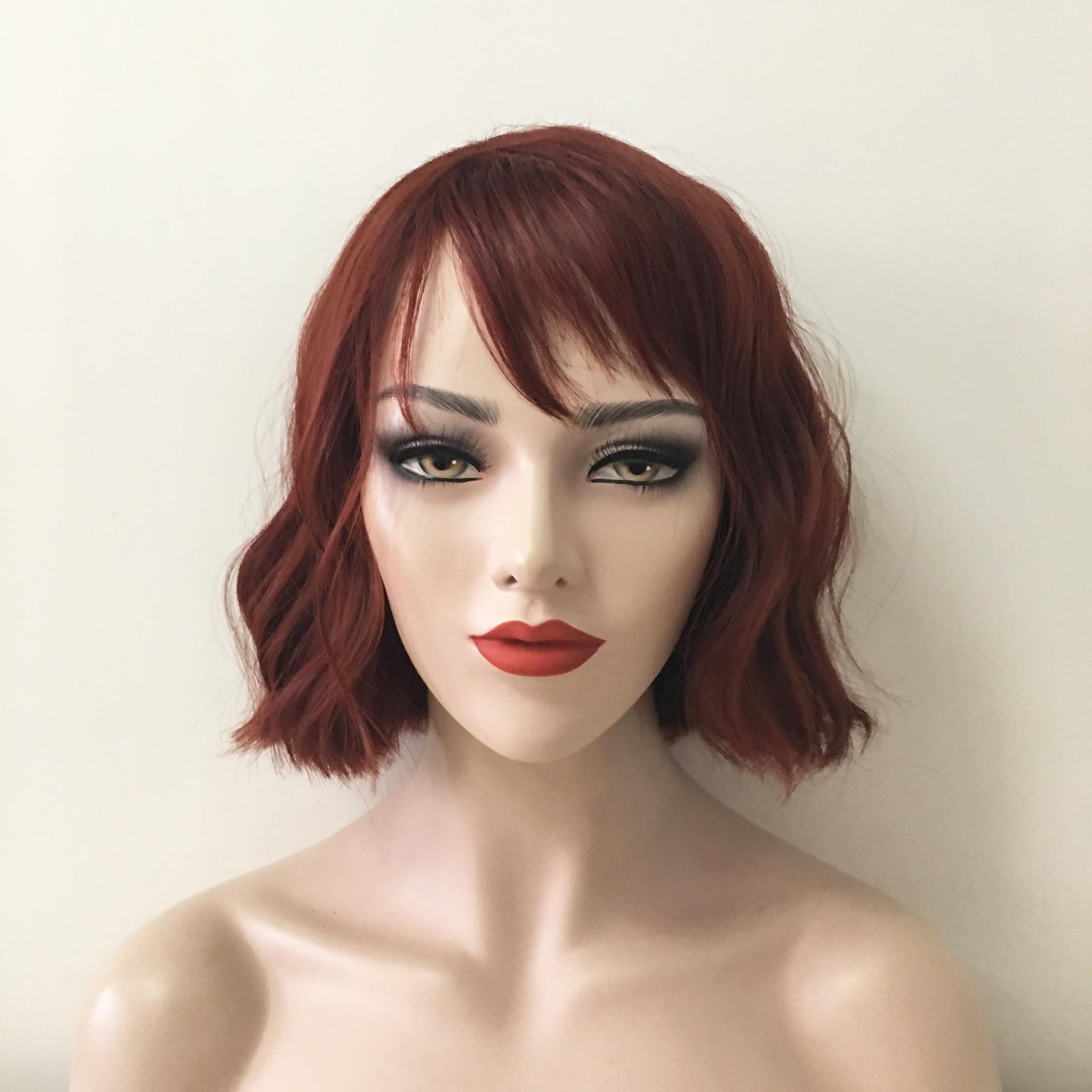 nevermindyrhead Women Auburn Dark Red Short Wavy Bob Fringe Bangs Wig