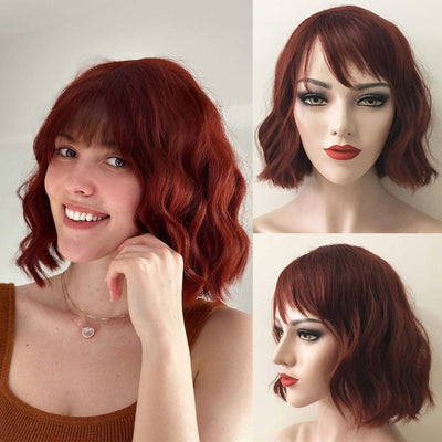 Women Auburn Dark Red Short Wavy Bob Fringe Bangs Wig