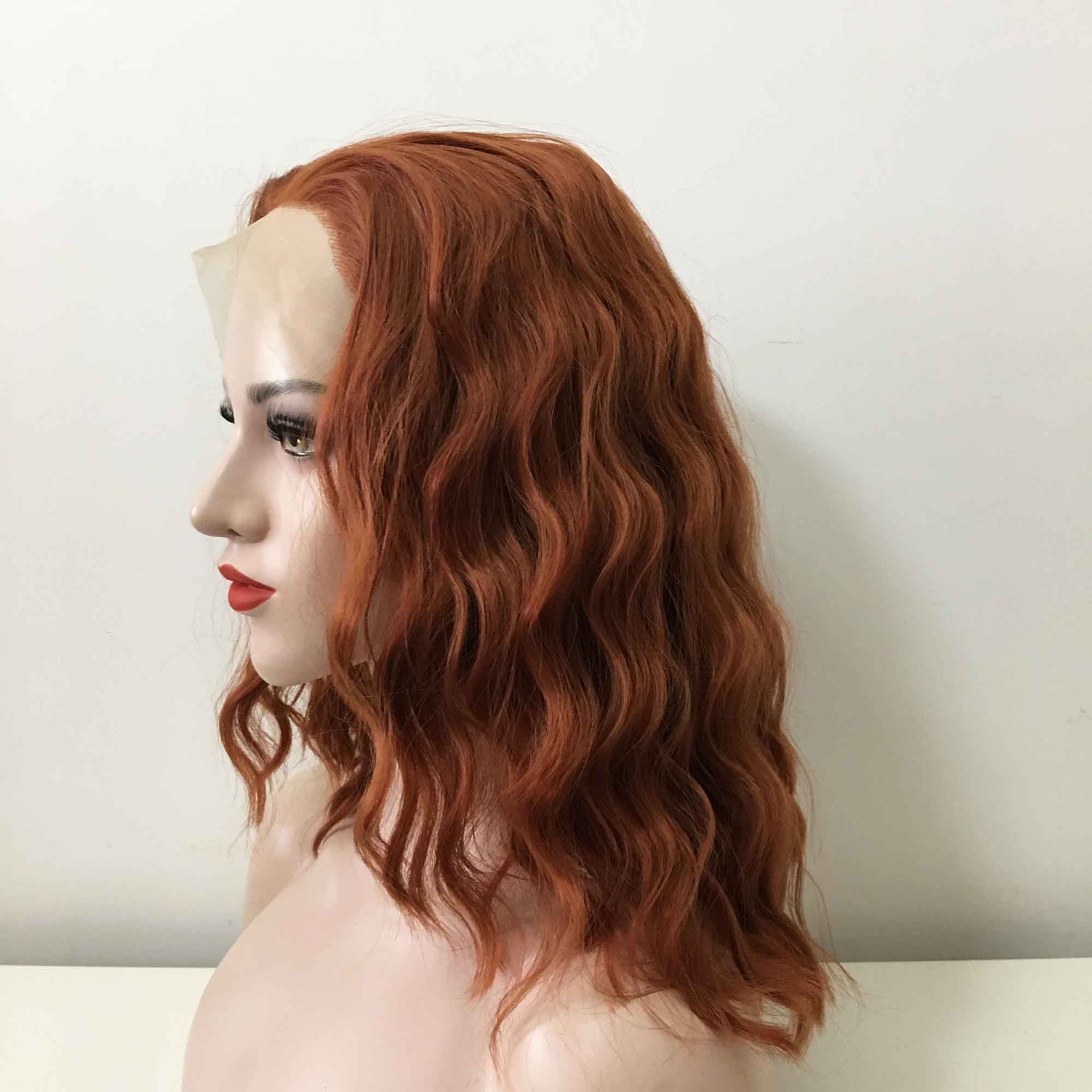 nevermindyrhead Women Auburn Ginger Red Lace Front Medium Length Curly Free Part Wig