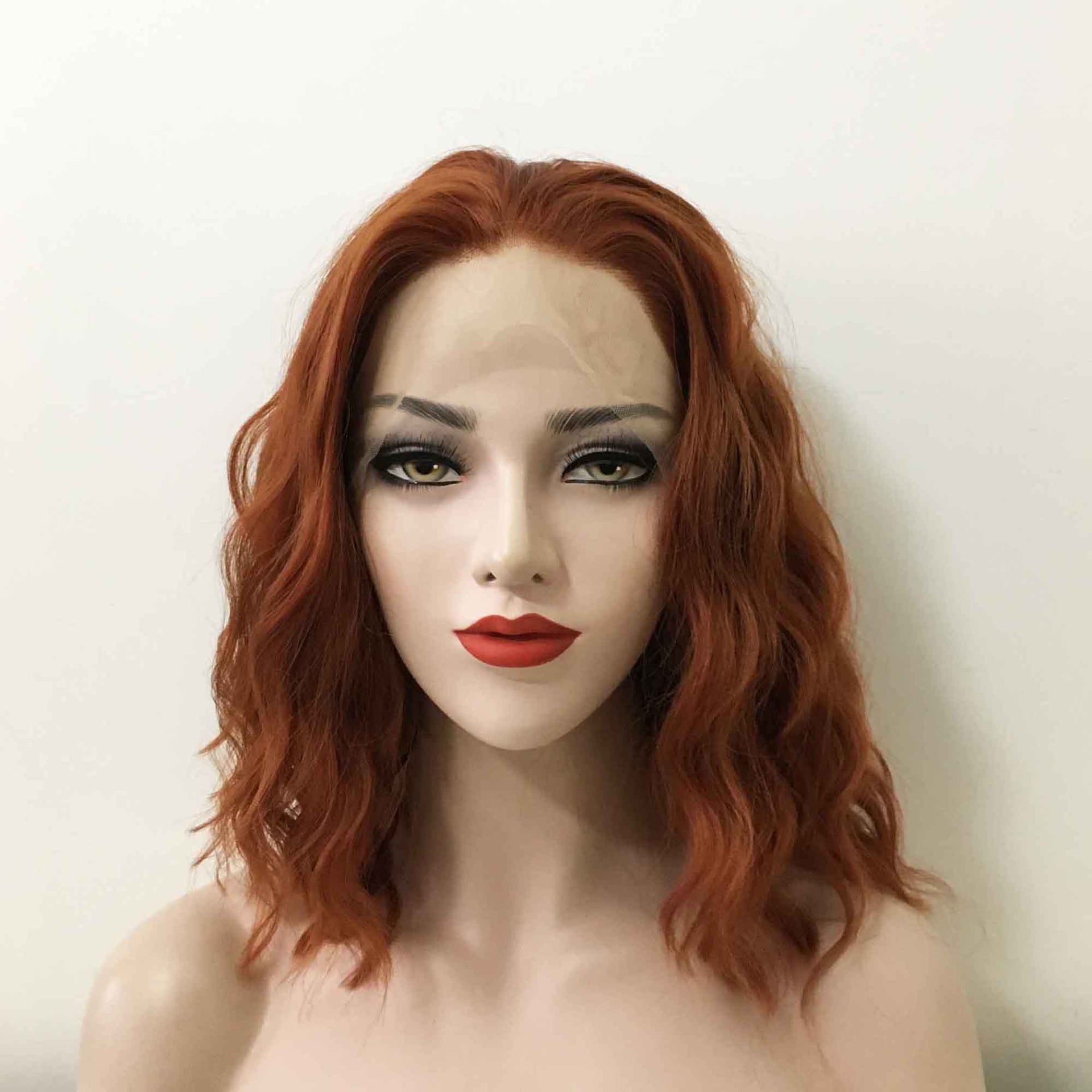 nevermindyrhead Women Auburn Ginger Red Lace Front Medium Length Curly Free Part Wig