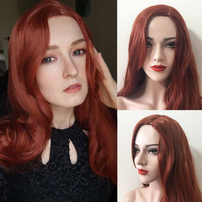Women Auburn Red Brown Long Wavy Side Part Layered Wig