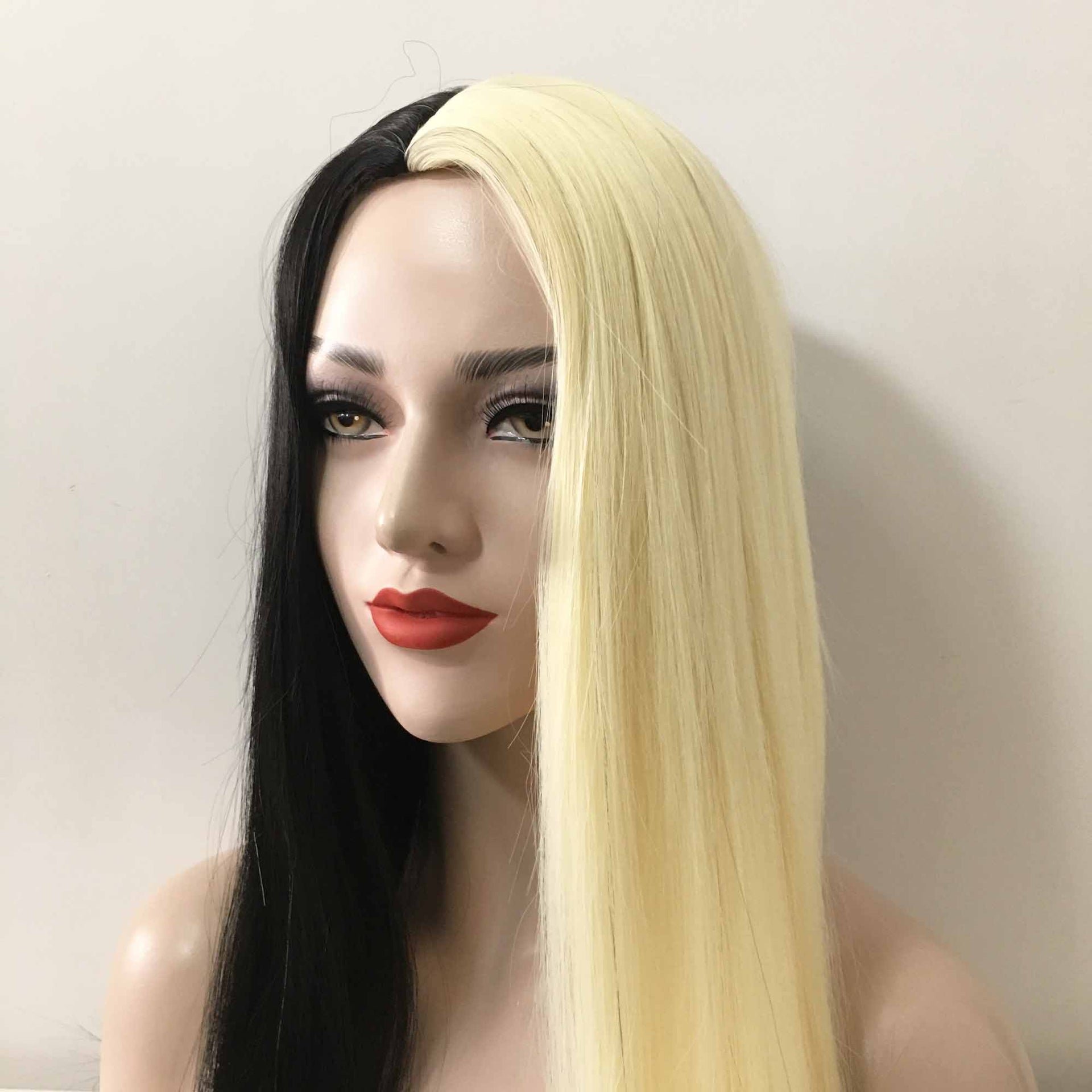 nevermindyrhead Women Black Blonde Split Colors Long Straight Middle Part Wig