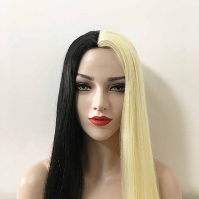 Women Black Blonde Split Colors Long Straight Middle Part Wig