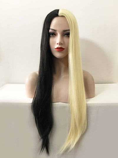 Women Black Blonde Split Colors Long Straight Middle Part Wig