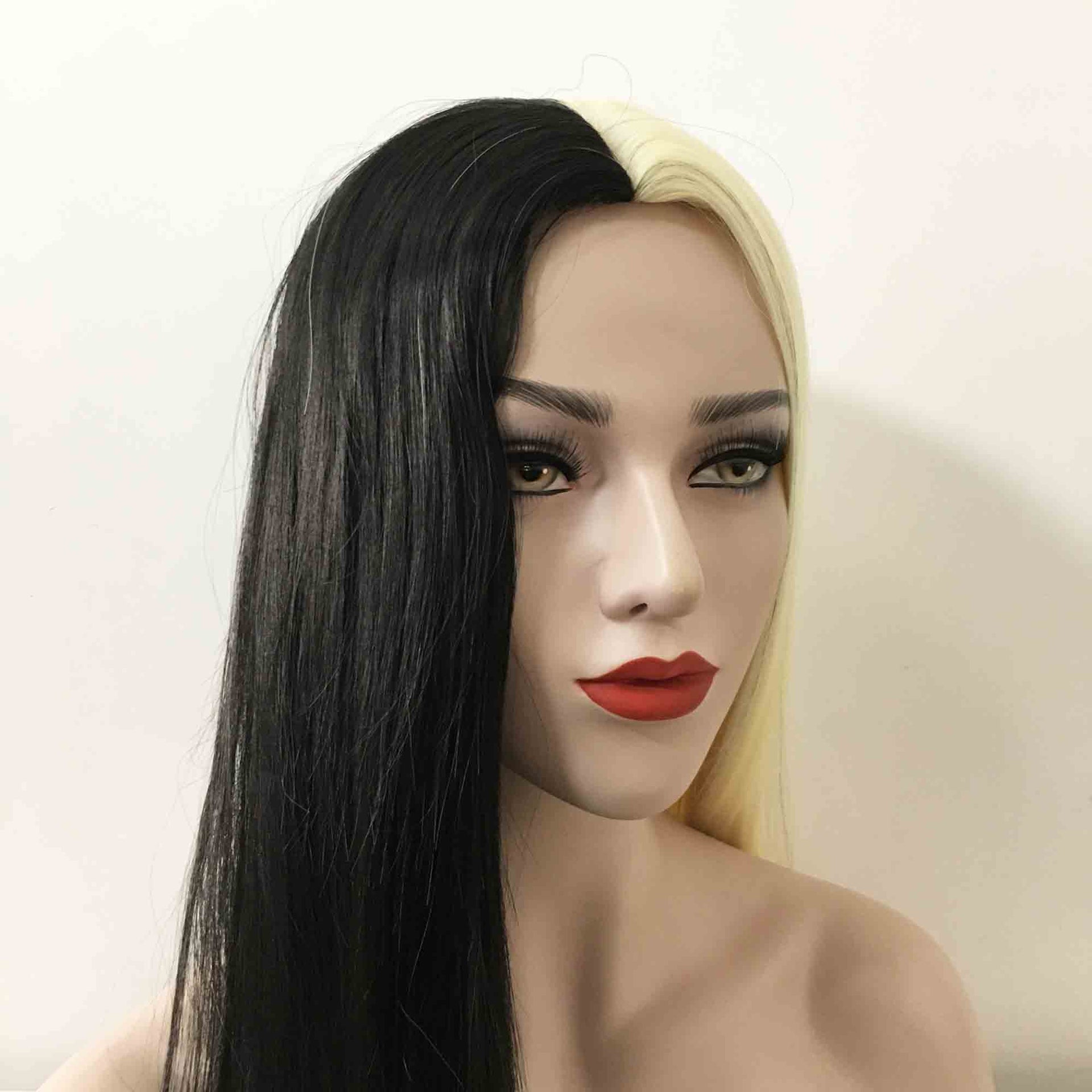 nevermindyrhead Women Black Blonde Split Colors Long Straight Middle Part Wig