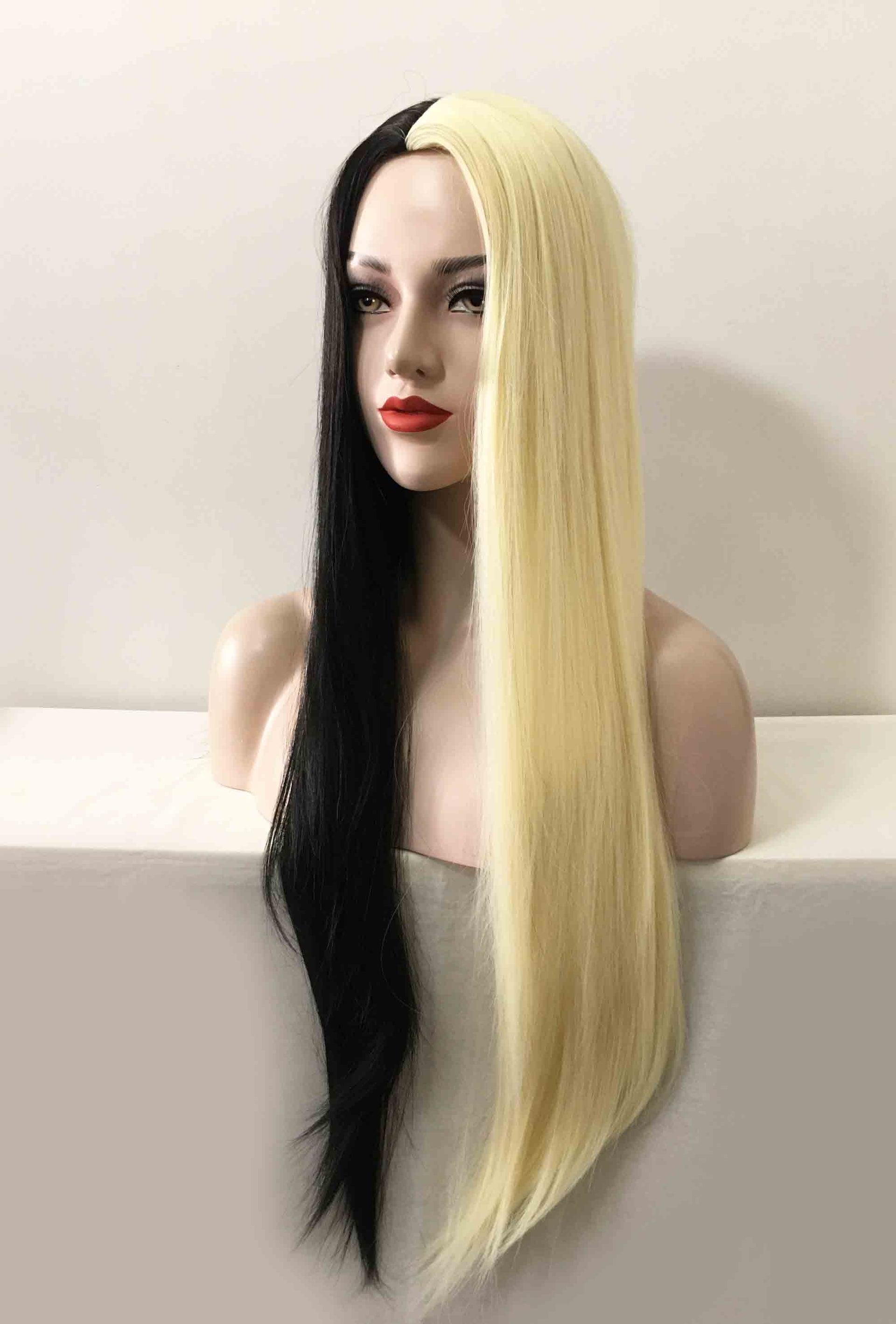 nevermindyrhead Women Black Blonde Split Colors Long Straight Middle Part Wig