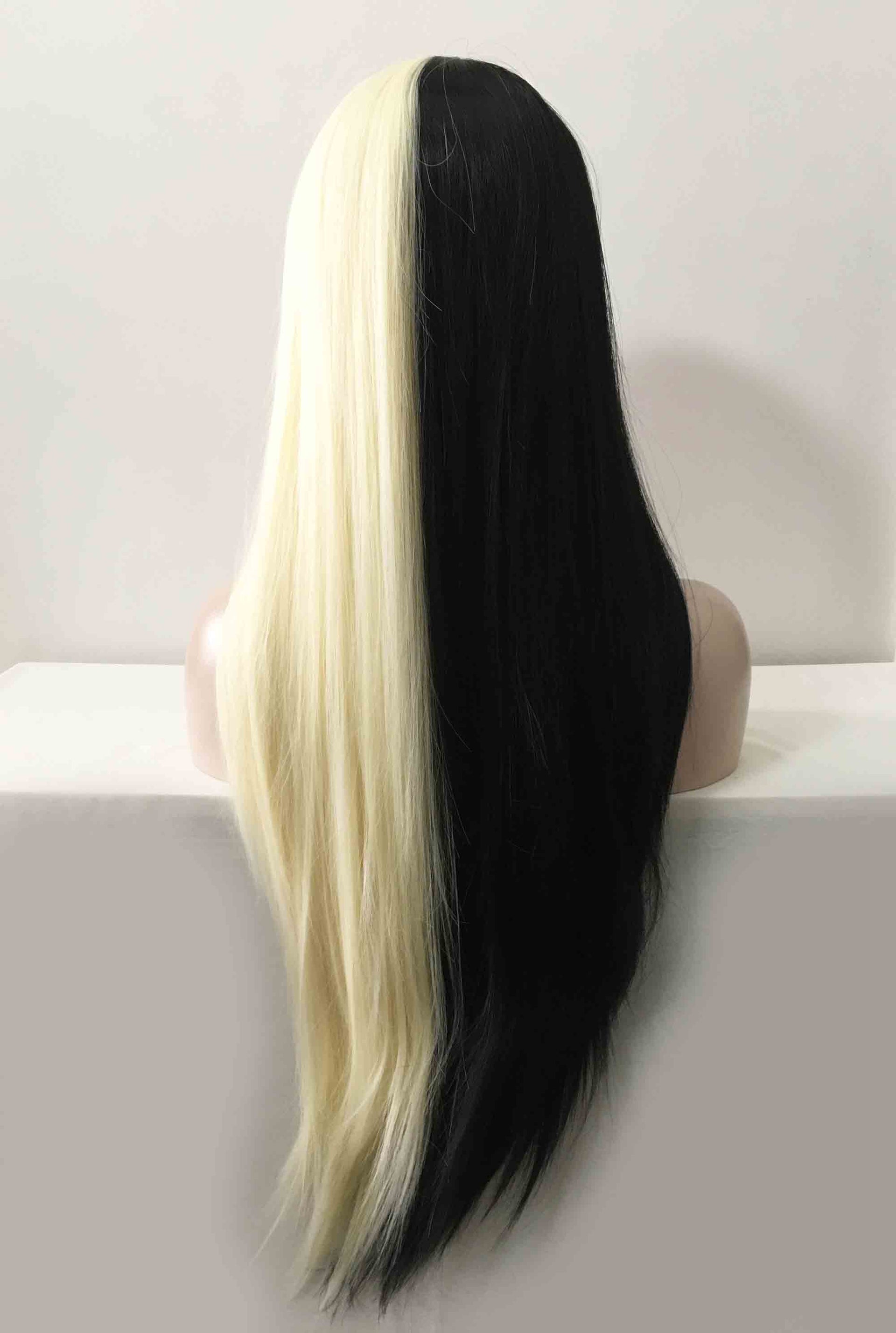 nevermindyrhead Women Black Blonde Split Colors Long Straight Middle Part Wig