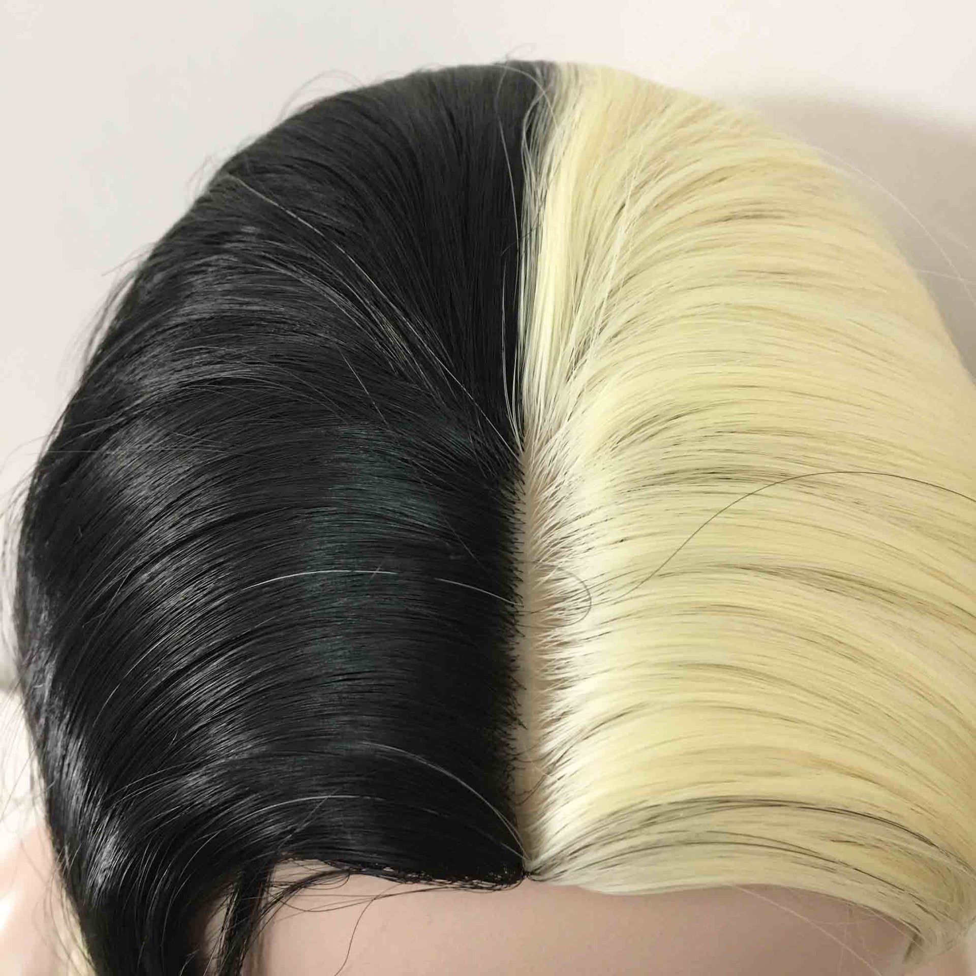nevermindyrhead Women Black Blonde Split Colors Long Straight Middle Part Wig