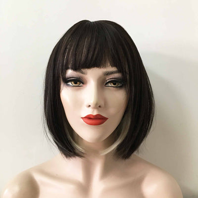 Women Black Blonde Two Tone Layered Short Bob Fringe Bangs Wig