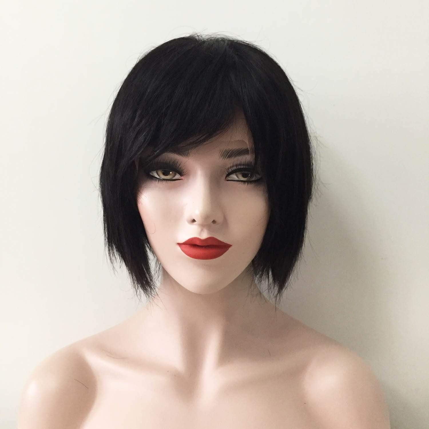 nevermindyrhead Women Black Human Hair Full Lace Short Straight Fringe Bangs Wig