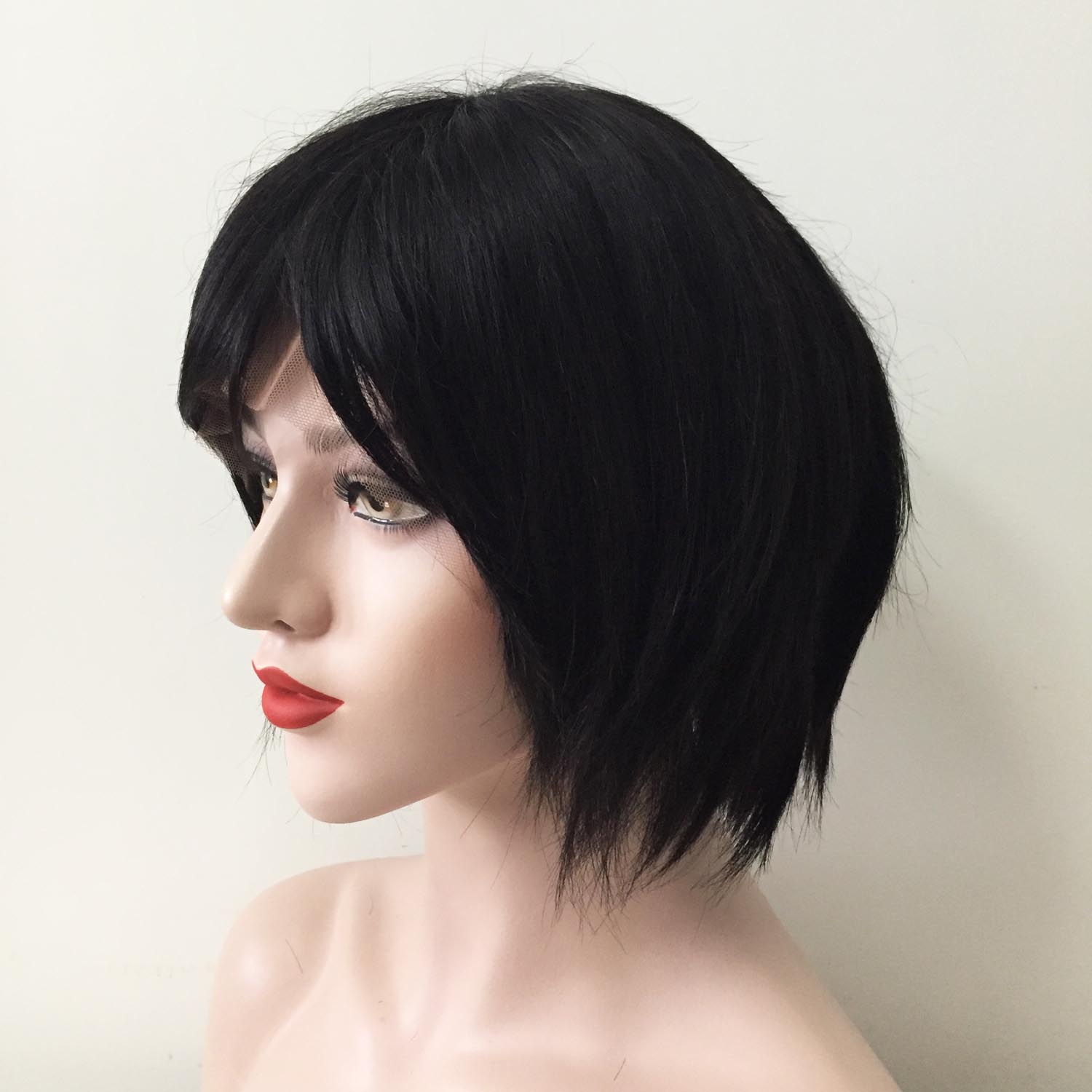 nevermindyrhead Women Black Human Hair Full Lace Short Straight Fringe Bangs Wig