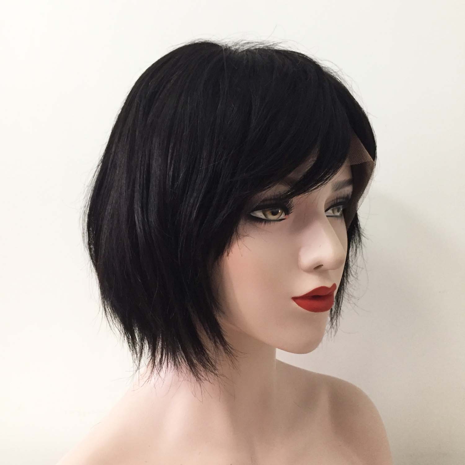 nevermindyrhead Women Black Human Hair Full Lace Short Straight Fringe Bangs Wig