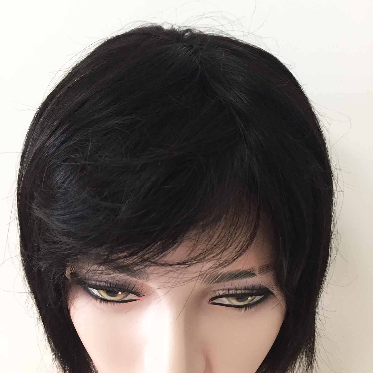 nevermindyrhead Women Black Human Hair Full Lace Short Straight Fringe Bangs Wig