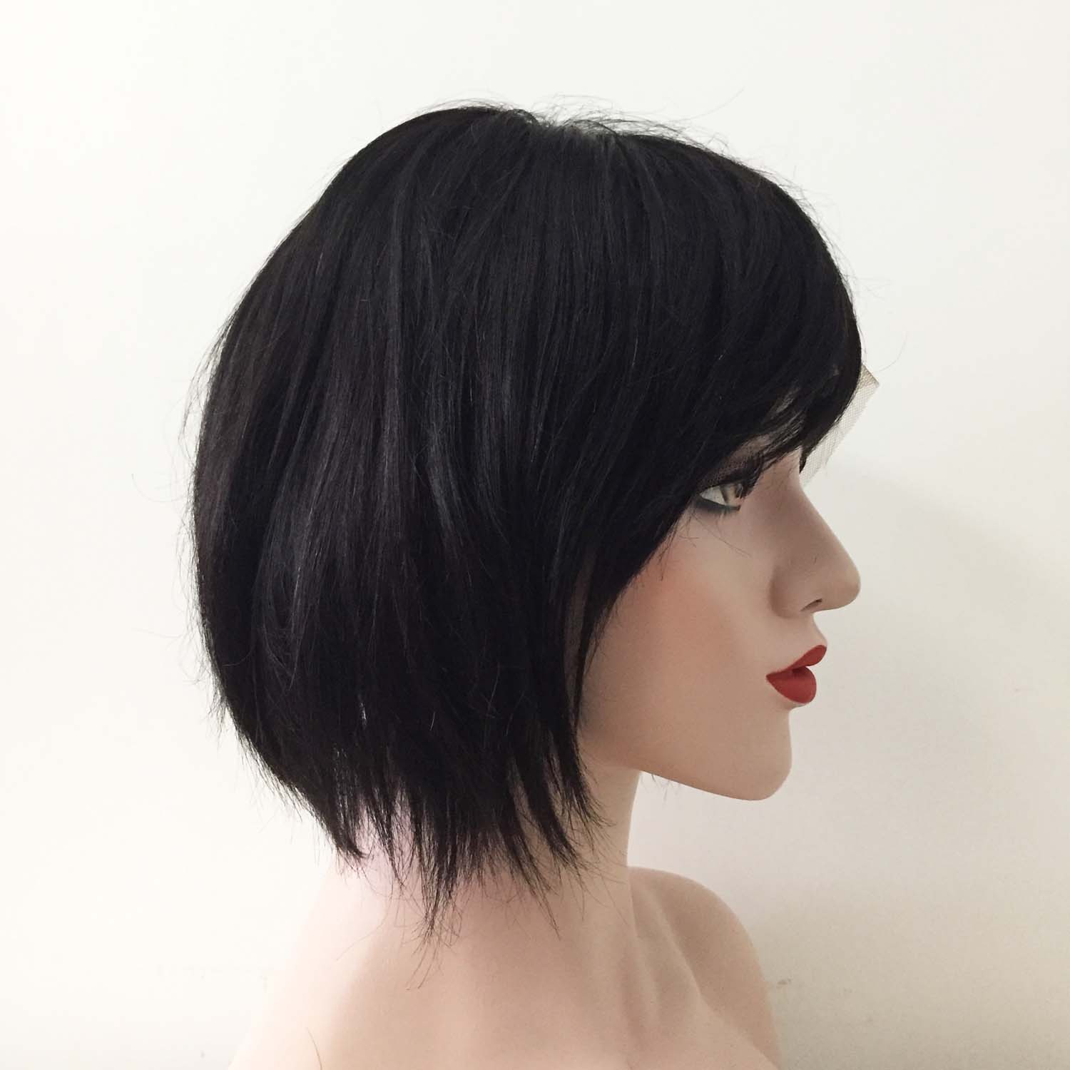 nevermindyrhead Women Black Human Hair Full Lace Short Straight Fringe Bangs Wig