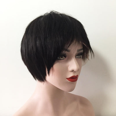 Women Black Human Hair 13X6 Lace Front Short Straight Fringe Bangs Wig