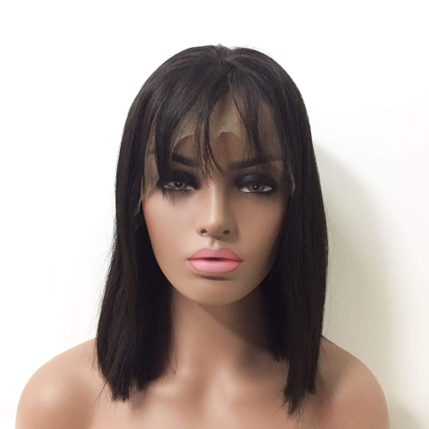 nevermindyrhead Women Black Human Hair Lace Front Medium Length Straight Fringe Bangs Wig