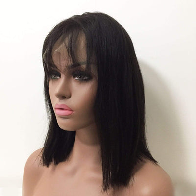 Women Black Human Hair Lace Front Medium Length Straight Fringe Bangs Wig