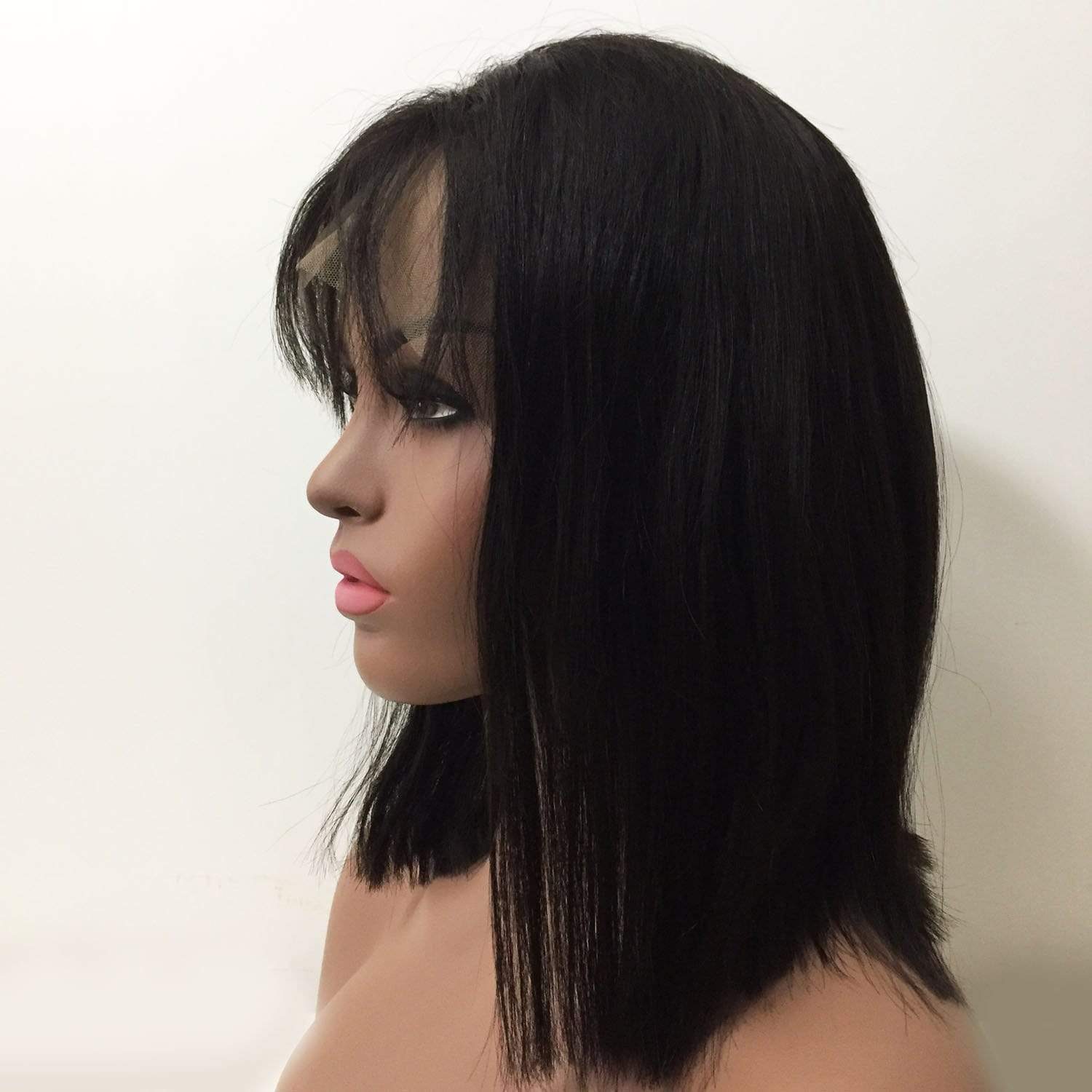 nevermindyrhead Women Black Human Hair Lace Front Medium Length Straight Fringe Bangs Wig