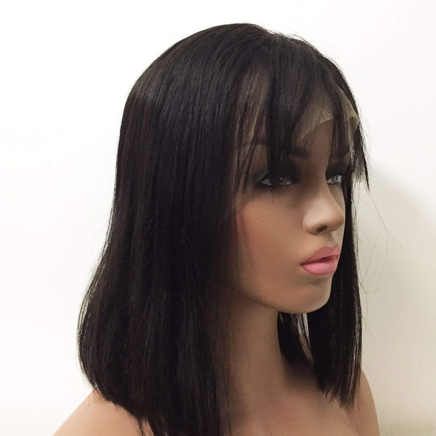 nevermindyrhead Women Black Human Hair Lace Front Medium Length Straight Fringe Bangs Wig