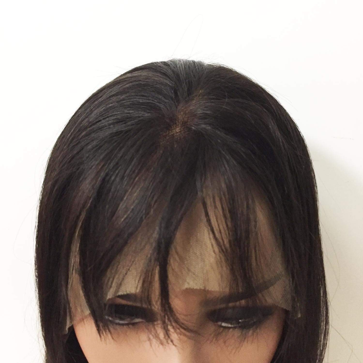 nevermindyrhead Women Black Human Hair Lace Front Medium Length Straight Fringe Bangs Wig