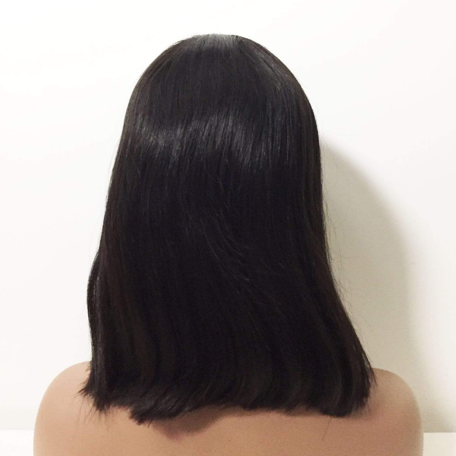 nevermindyrhead Women Black Human Hair Lace Front Medium Length Straight Fringe Bangs Wig