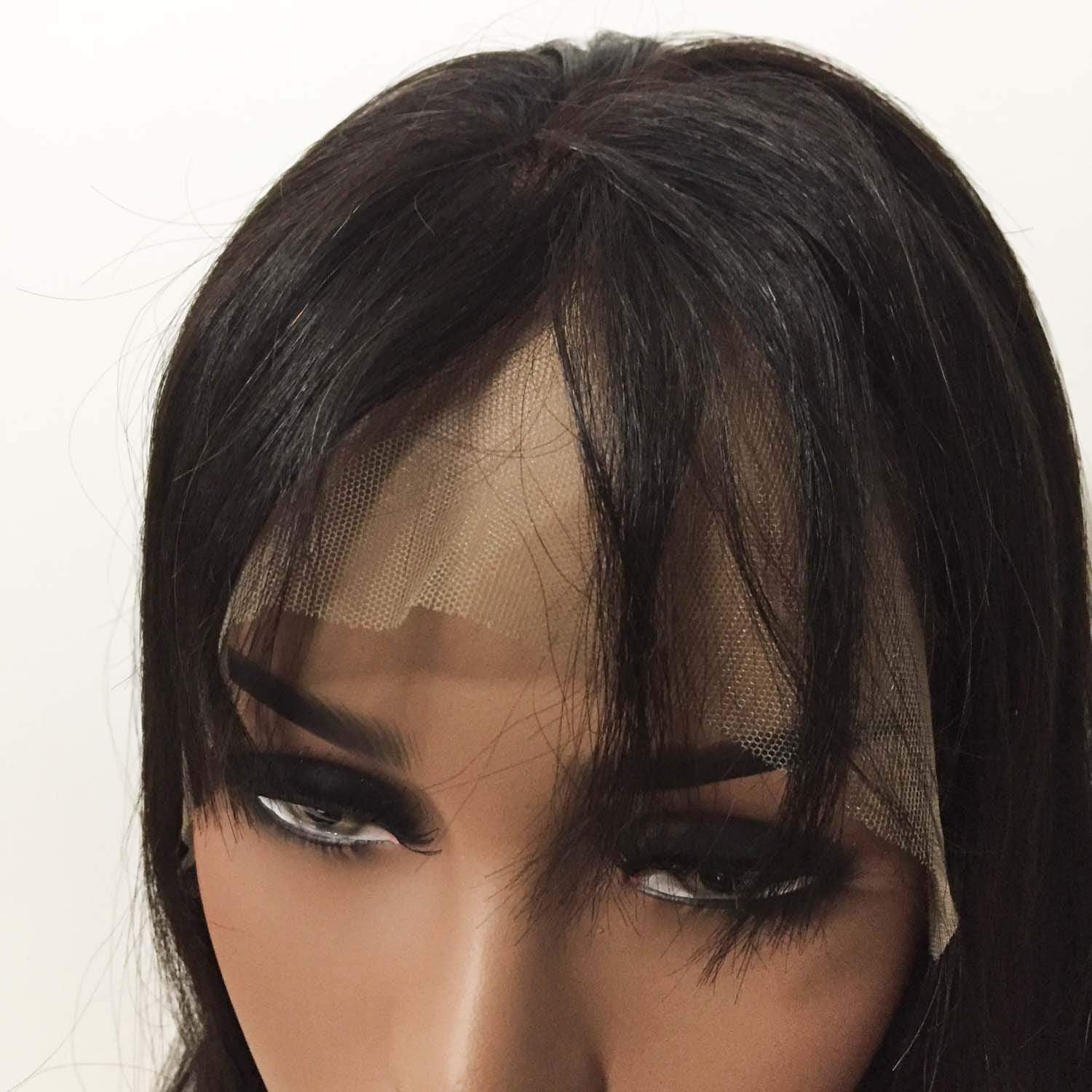 nevermindyrhead Women Black Human Hair Lace Front Medium Length Straight Fringe Bangs Wig