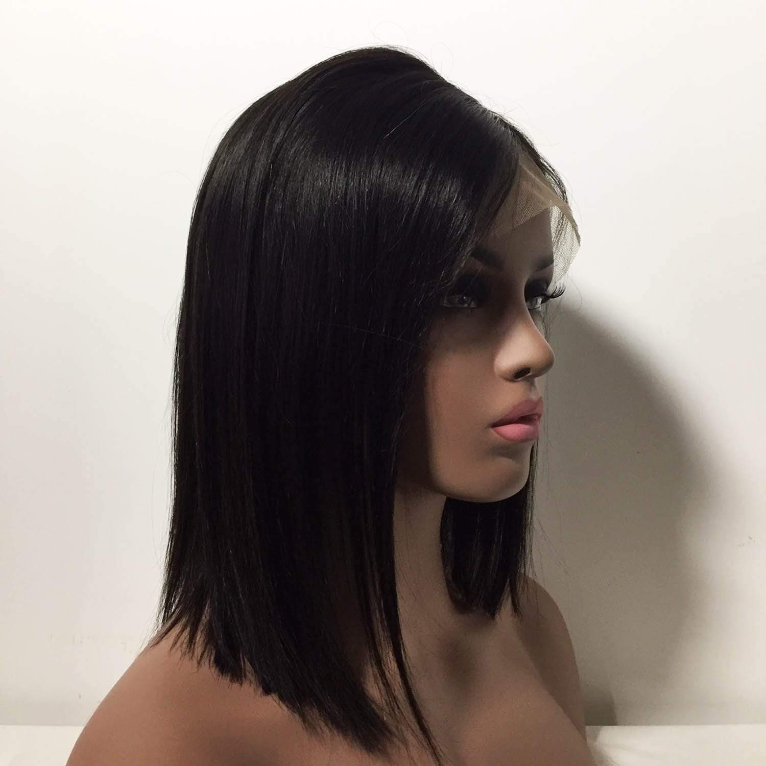 nevermindyrhead Women Black Human Hair Lace Front Medium Length Straight Side Part Wig