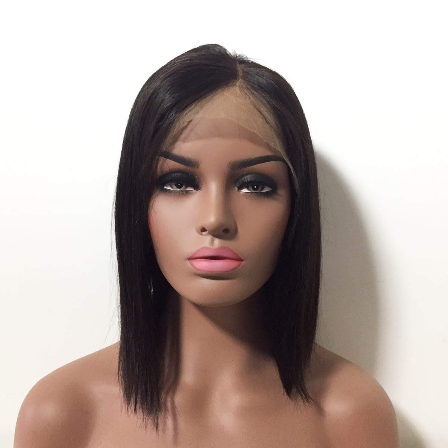 nevermindyrhead Women Black Human Hair Lace Front Medium Length Straight Side Part Wig