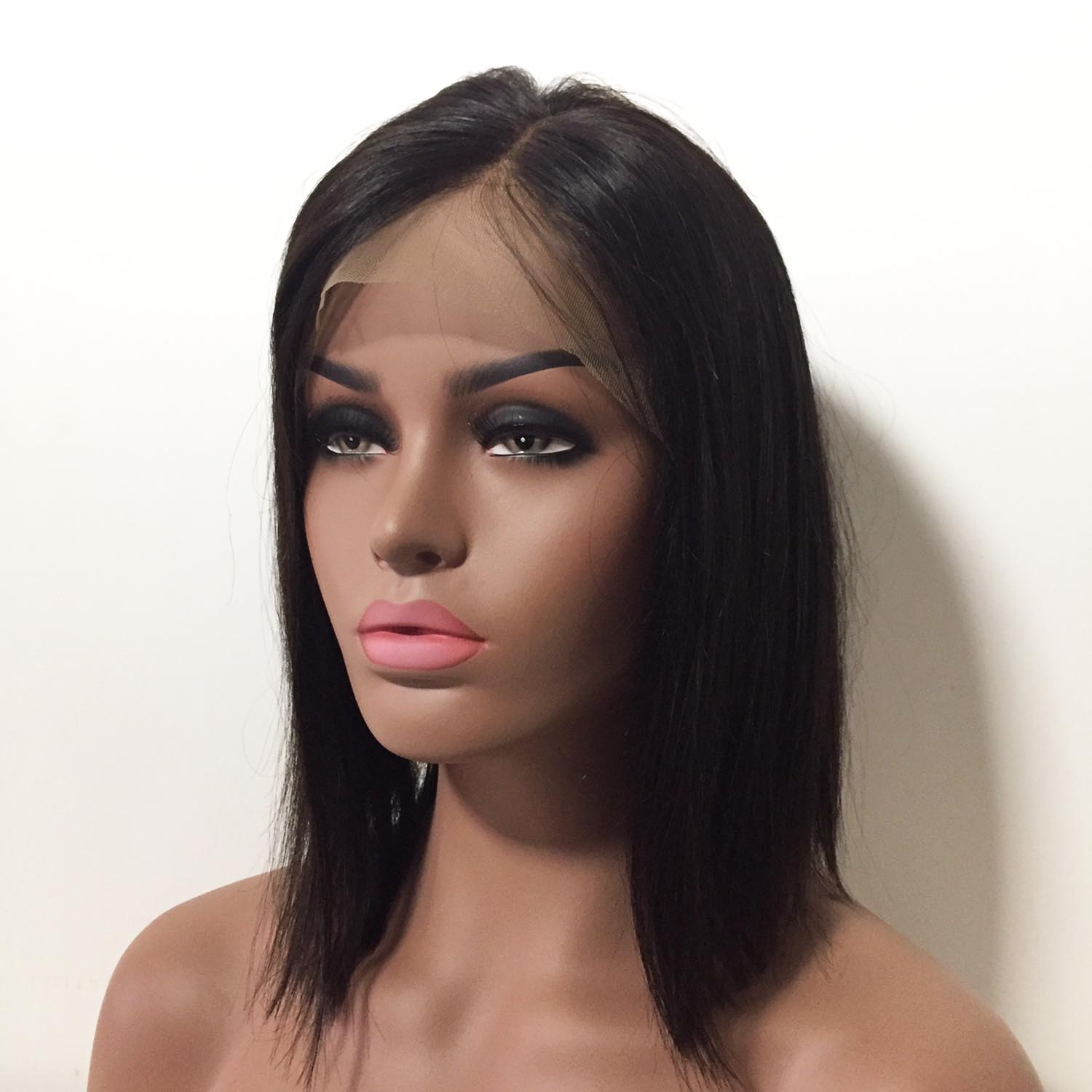 nevermindyrhead Women Black Human Hair Lace Front Medium Length Straight Side Part Wig