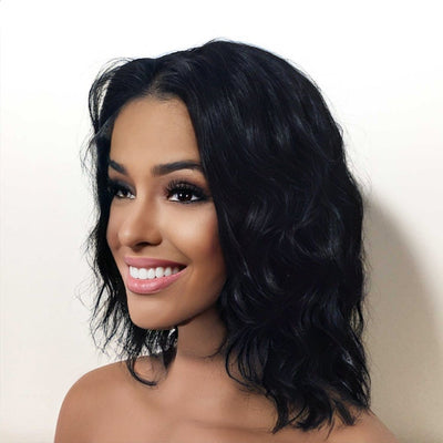Women Black Human Hair Lace Front Short Curly Middle Part Choppy Wig