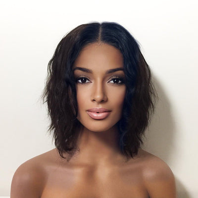 Women Black Human Hair Lace Front Short Curly Middle Part Choppy Wig