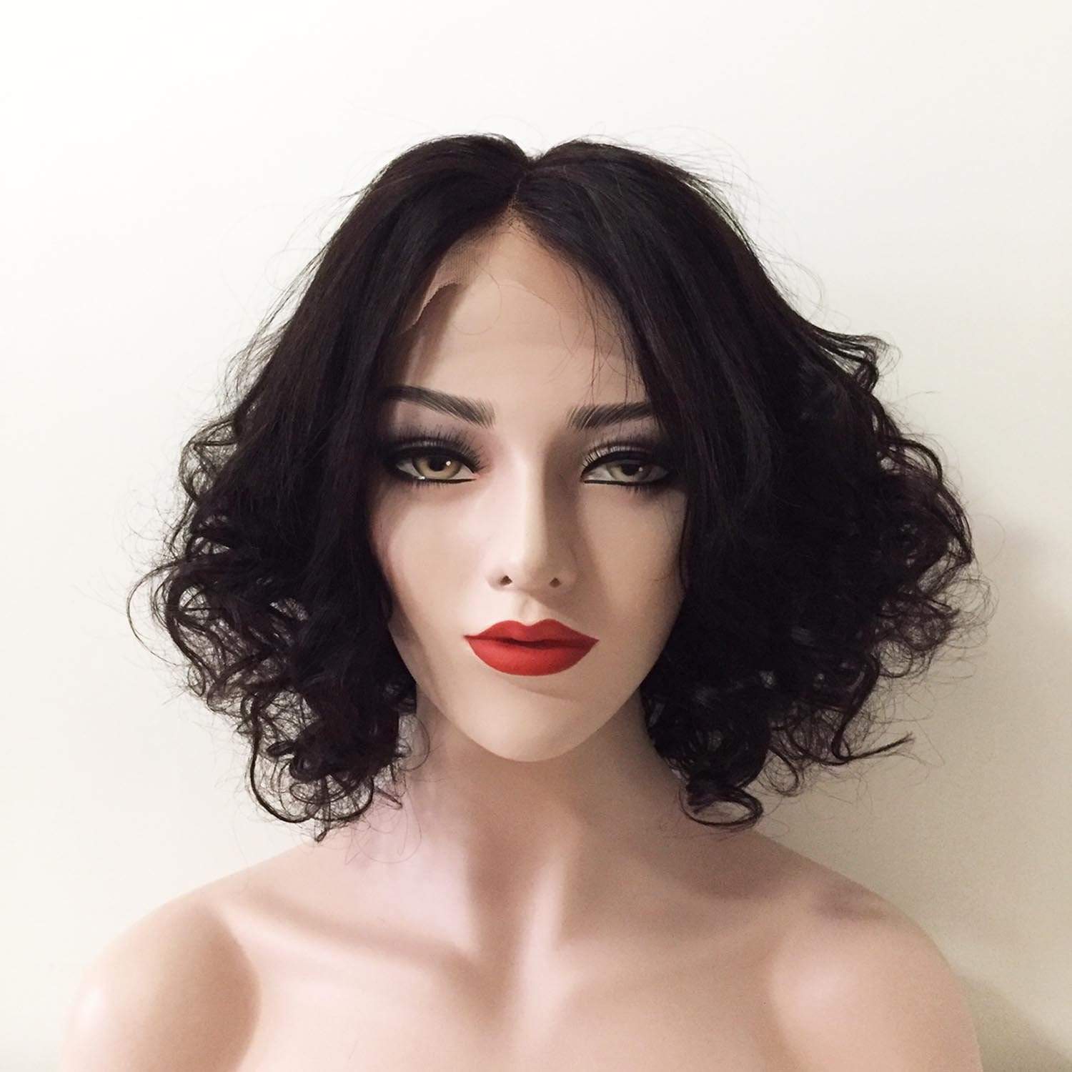 nevermindyrhead Women Black Human Hair Lace Front Short Curly Middle Part Wig