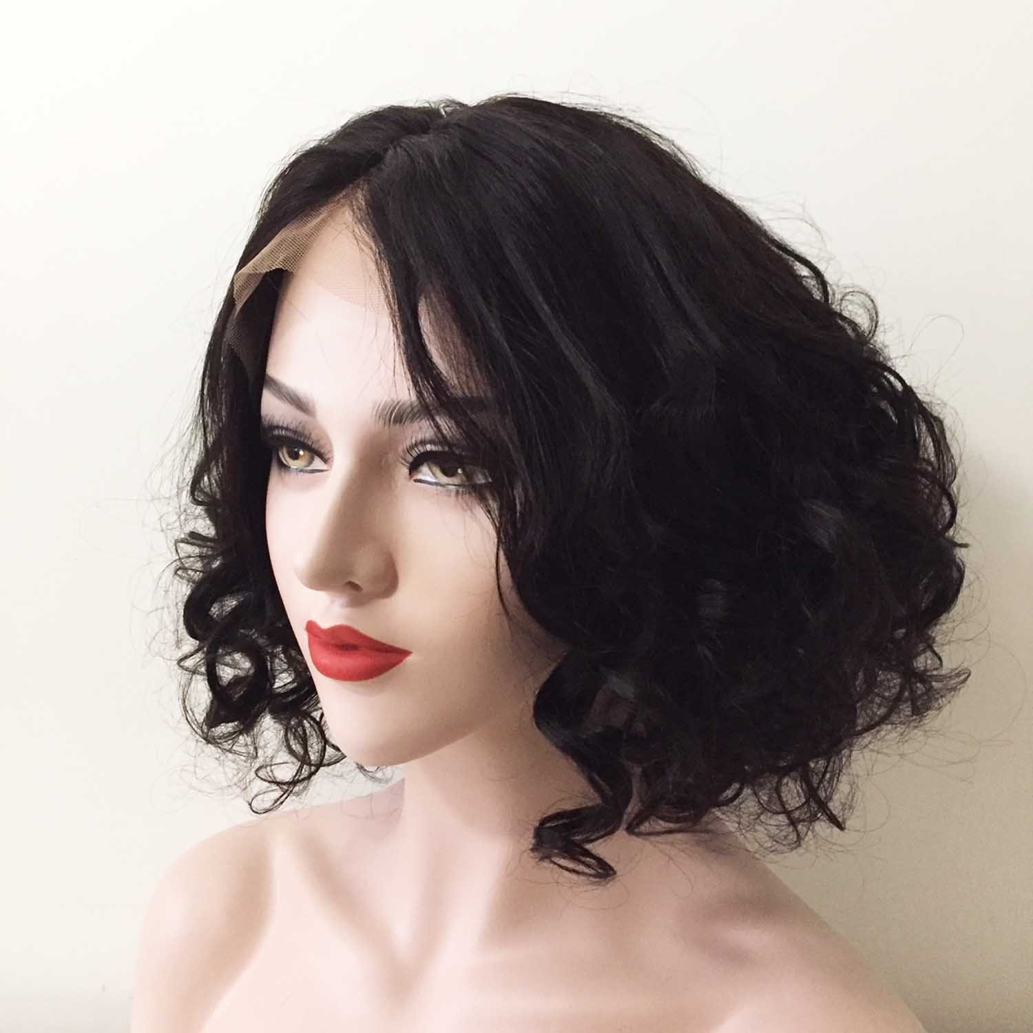 nevermindyrhead Women Black Human Hair Lace Front Short Curly Middle Part Wig