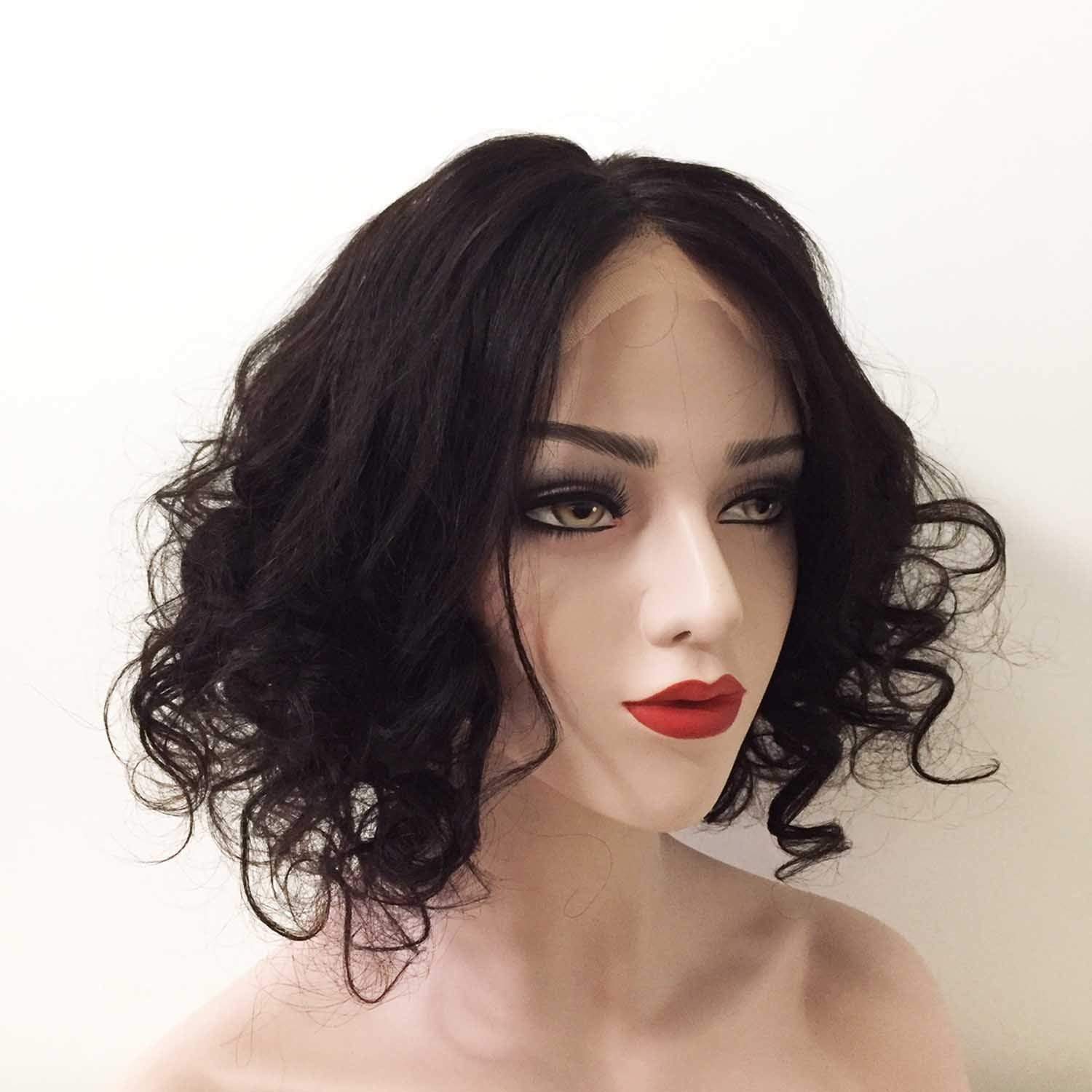 nevermindyrhead Women Black Human Hair Lace Front Short Curly Middle Part Wig