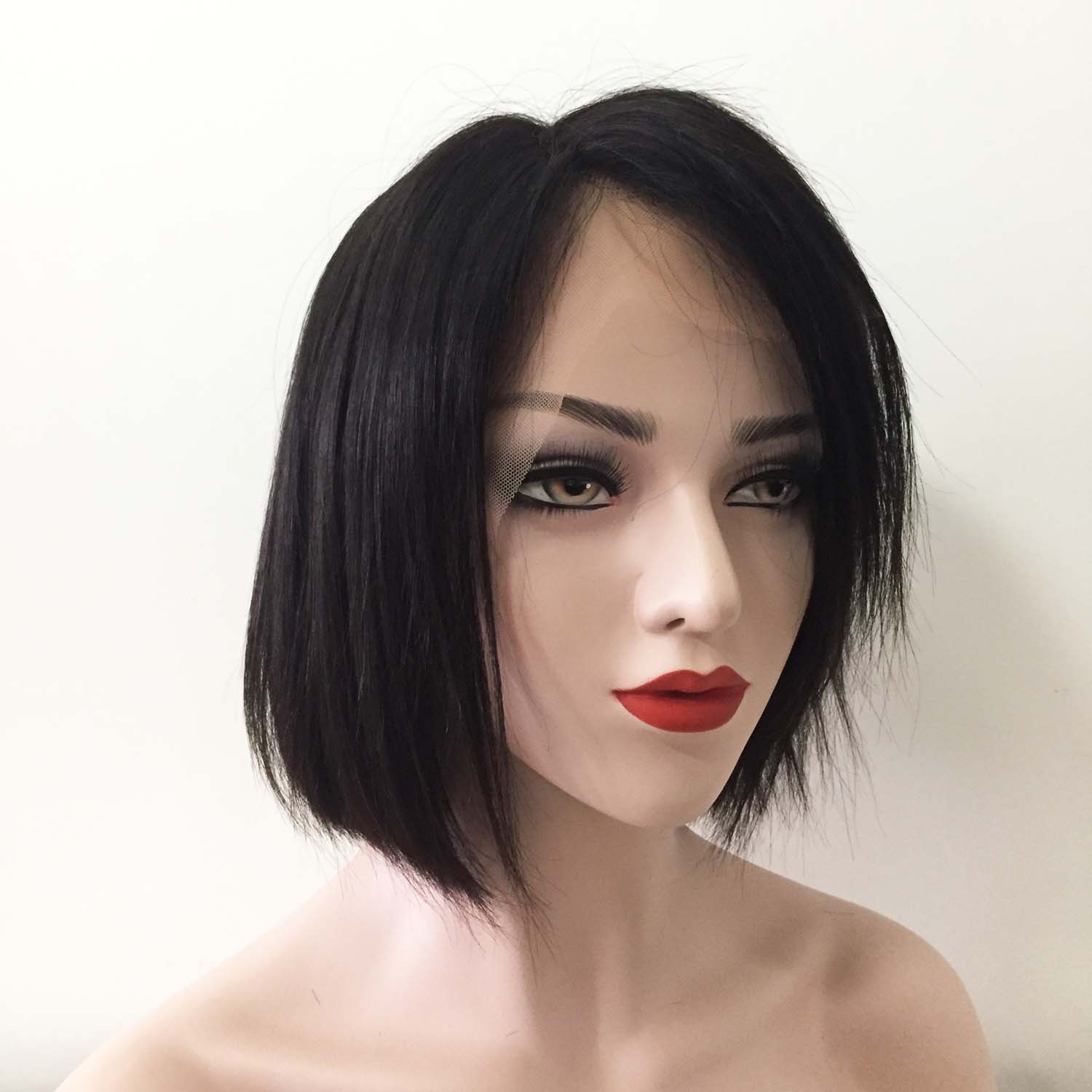 nevermindyrhead Women Black Human Hair Lace Front Short Straight Bob Side Part Wig