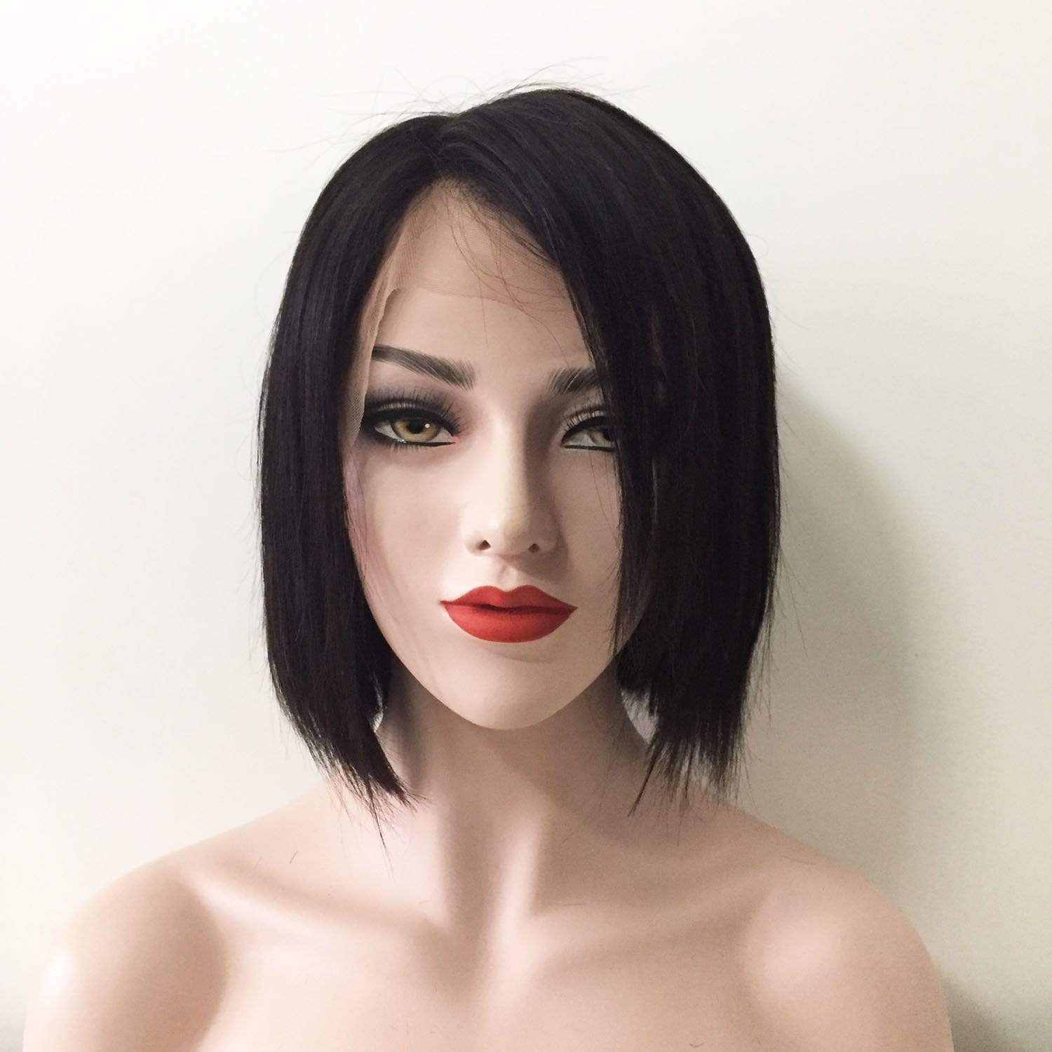 nevermindyrhead Women Black Human Hair Lace Front Short Straight Bob Side Part Wig