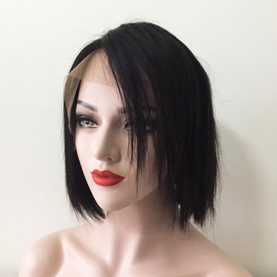 Women Black Human Hair Lace Front Short Straight Bob Side Part Wig