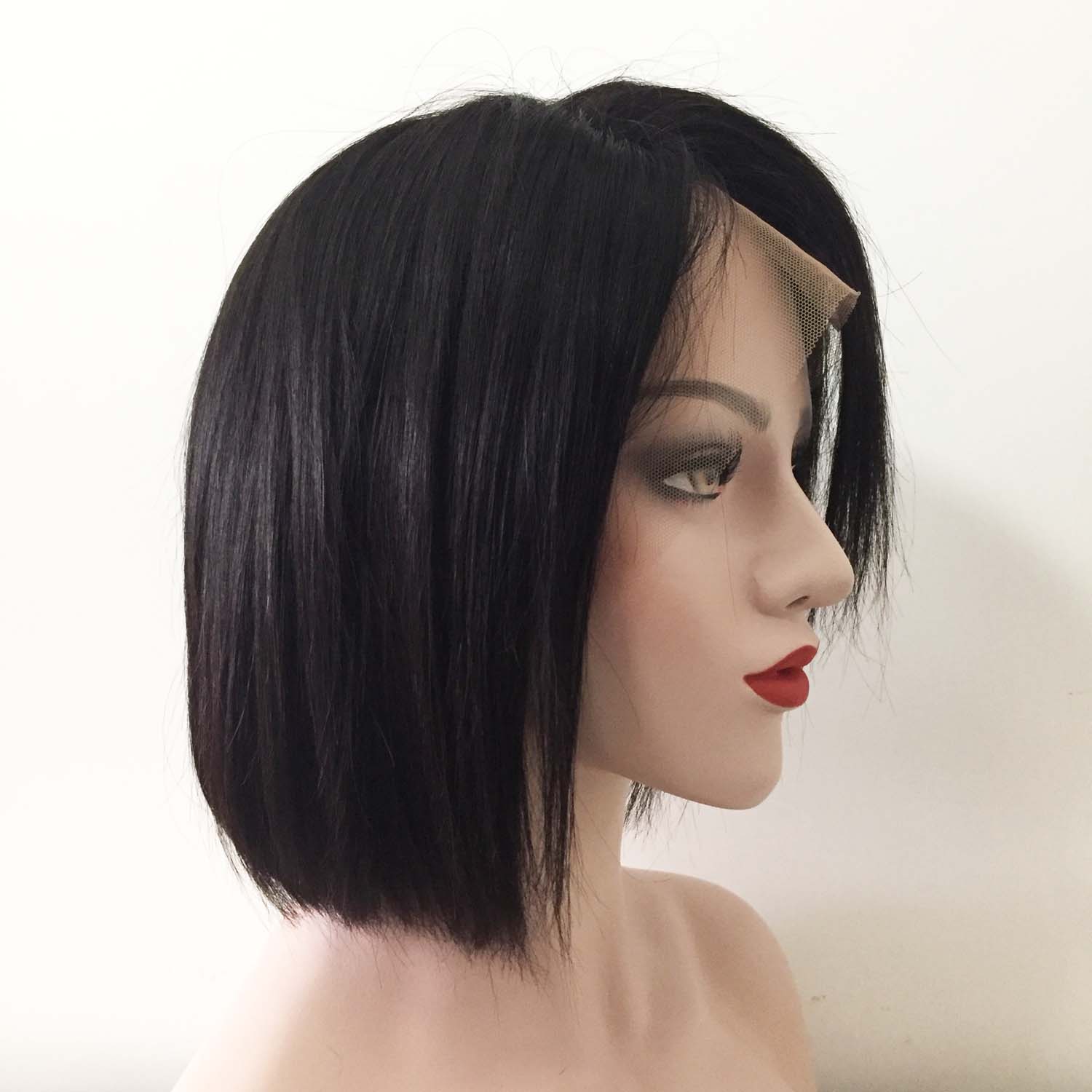 nevermindyrhead Women Black Human Hair Lace Front Short Straight Bob Side Part Wig