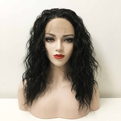 Women Black Lace Front Long Curly Slicked Back Fluffy Choppy Wig