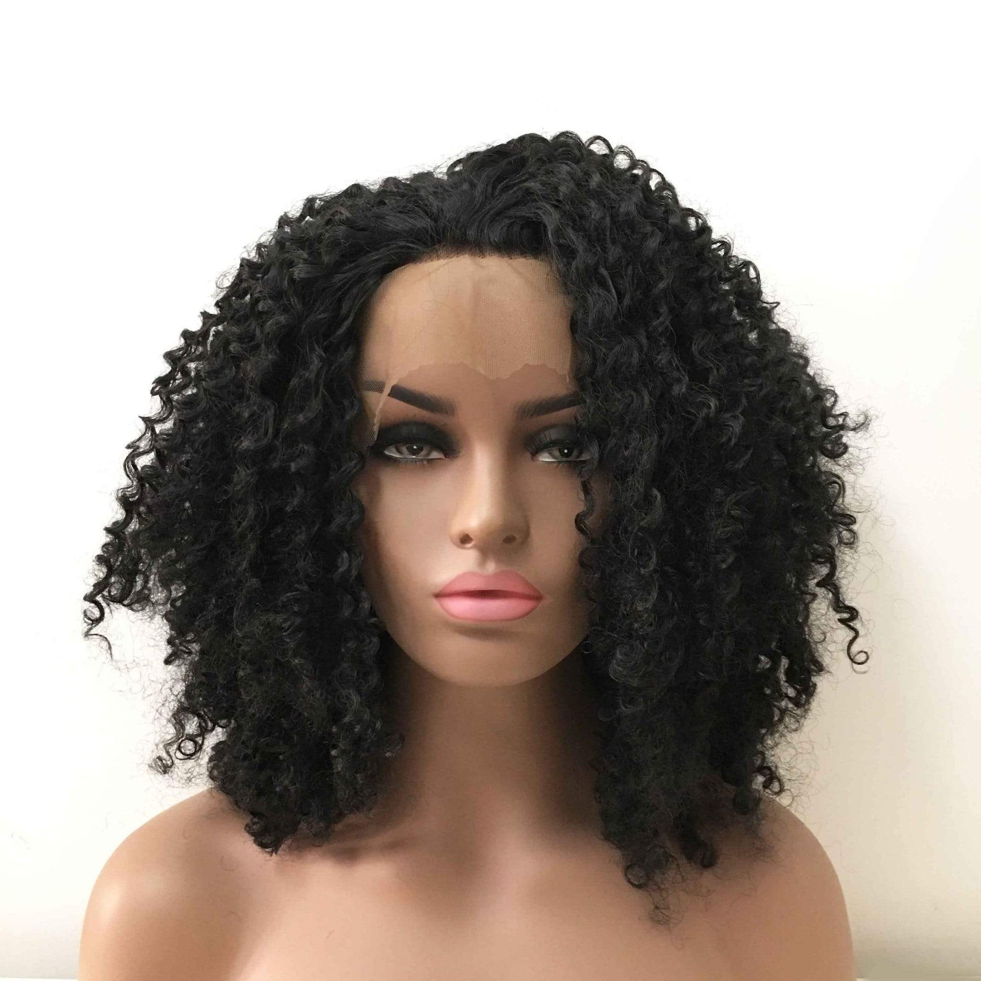 nevermindyrhead Women Black Lace Front Medium Length Kinky Coils Curly Free Part Wig