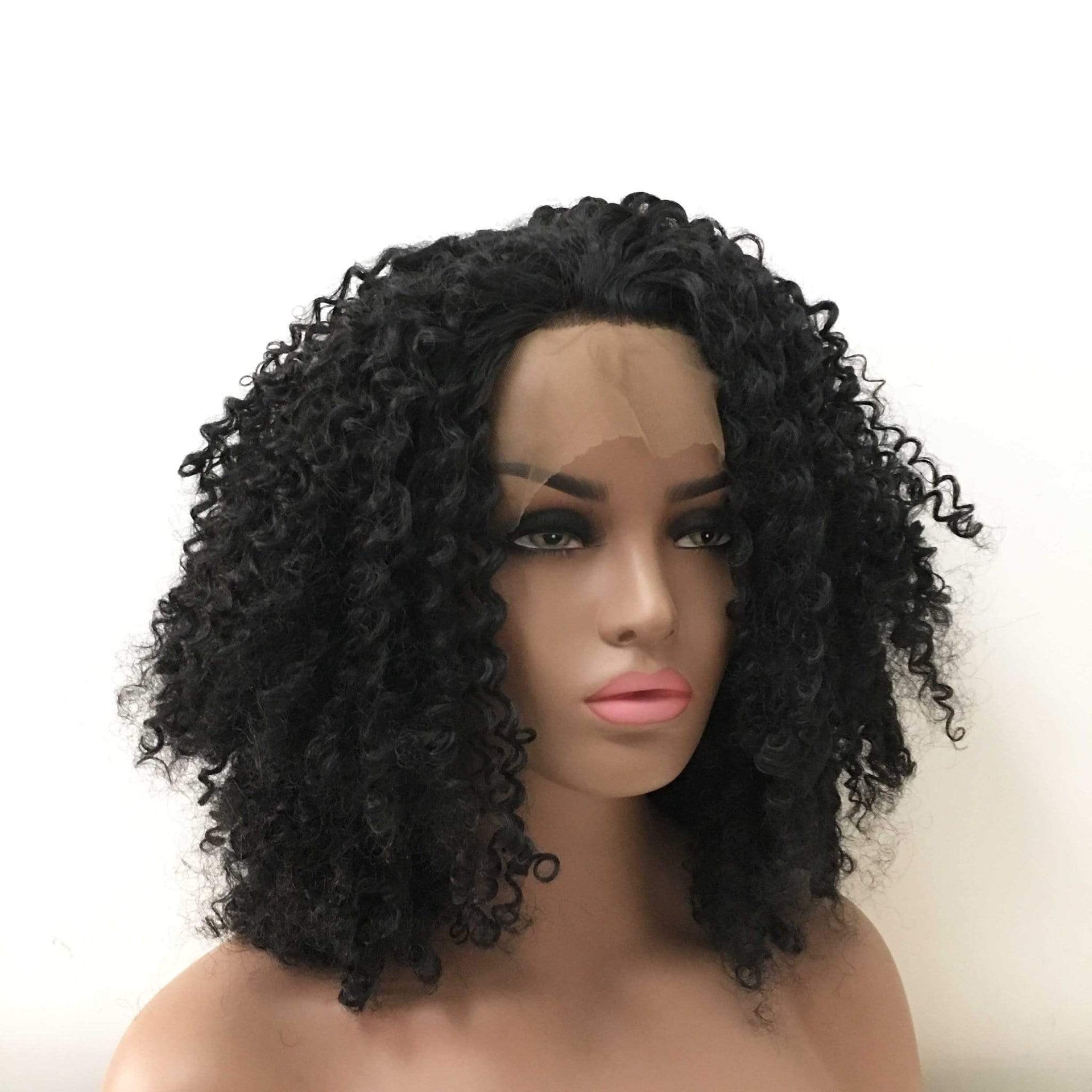 nevermindyrhead Women Black Lace Front Medium Length Kinky Coils Curly Free Part Wig