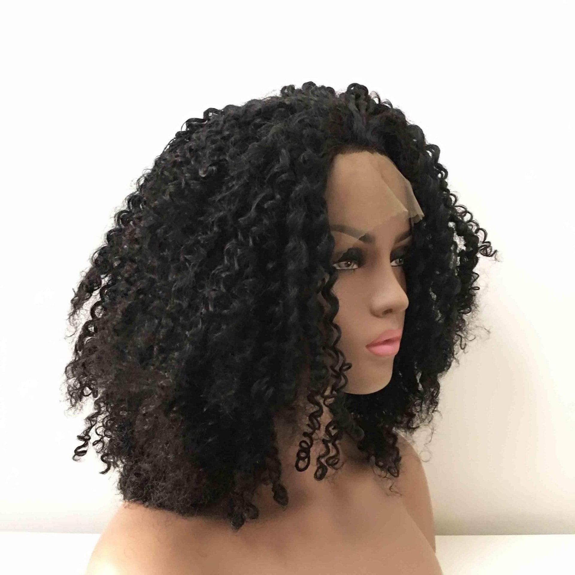 nevermindyrhead Women Black Lace Front Medium Length Kinky Coils Curly Free Part Wig