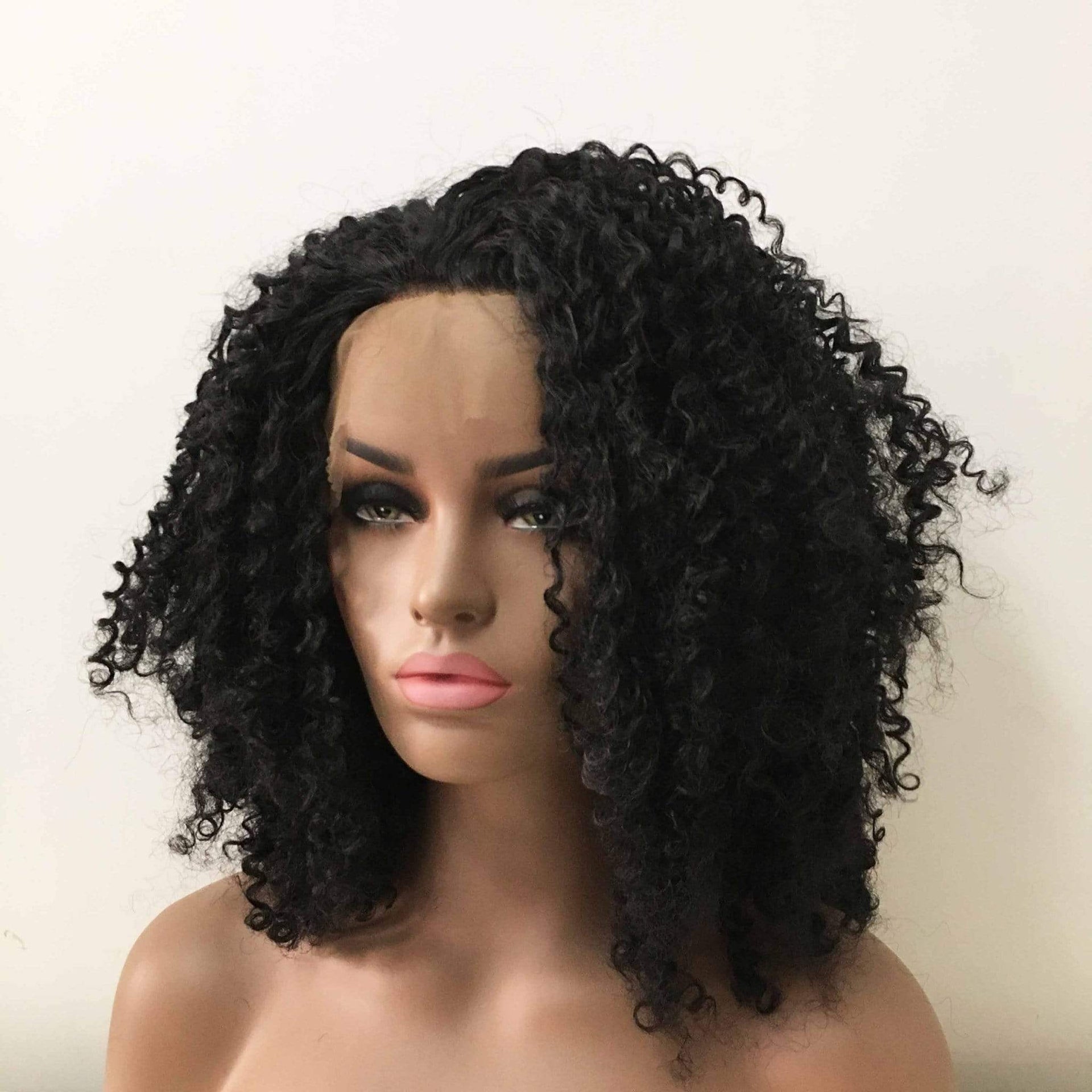 nevermindyrhead Women Black Lace Front Medium Length Kinky Coils Curly Free Part Wig