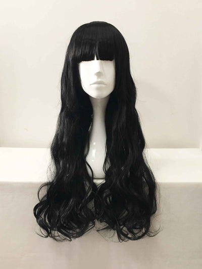 Women Black Long Curly Blunt Bangs Cosplay Wig