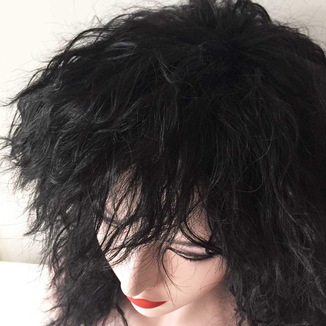 nevermindyrhead Women Black Long Curly Frizzy Fringe Bangs Punk Wig
