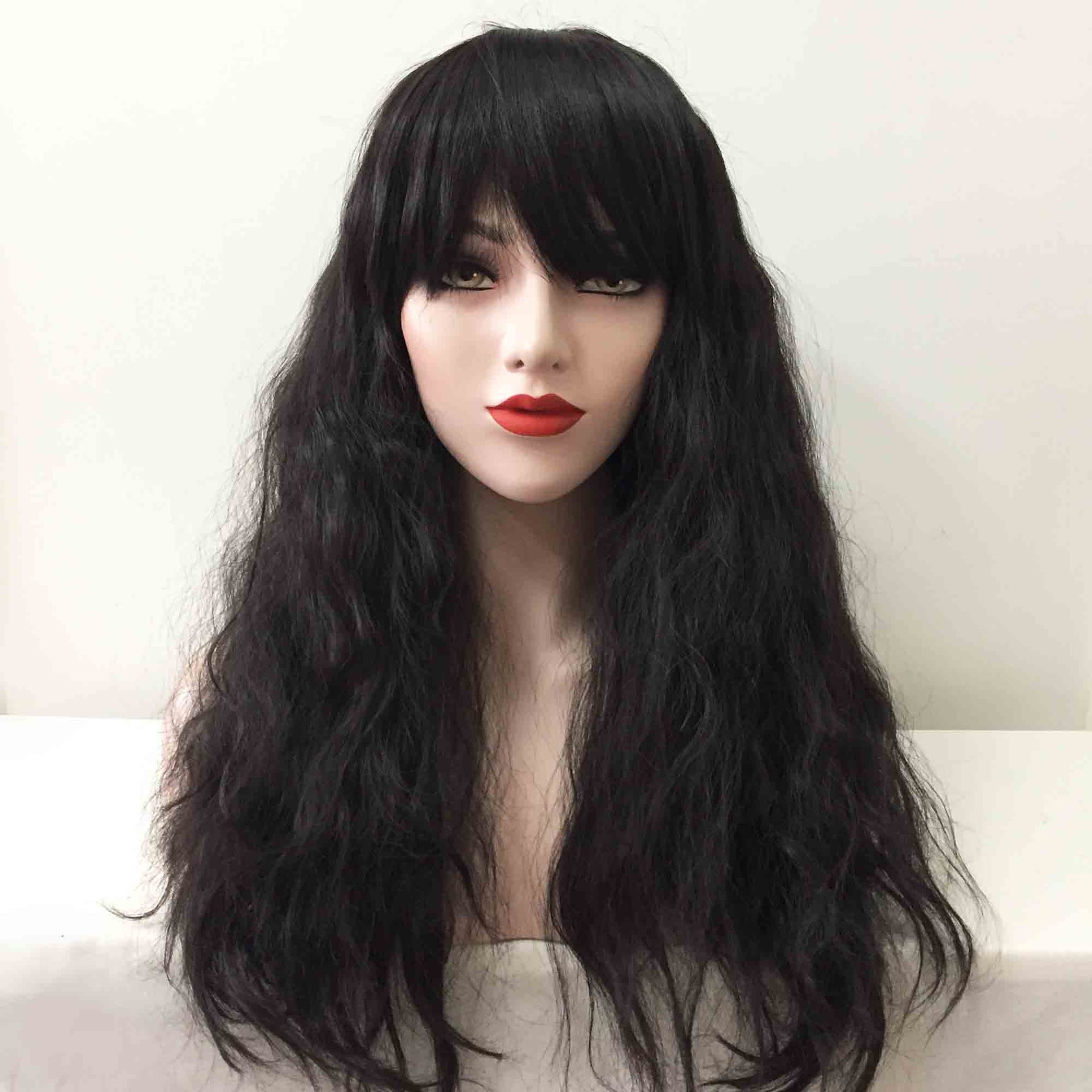nevermindyrhead Women Black Long Curly Frizzy Fringe Bangs Thick Wig