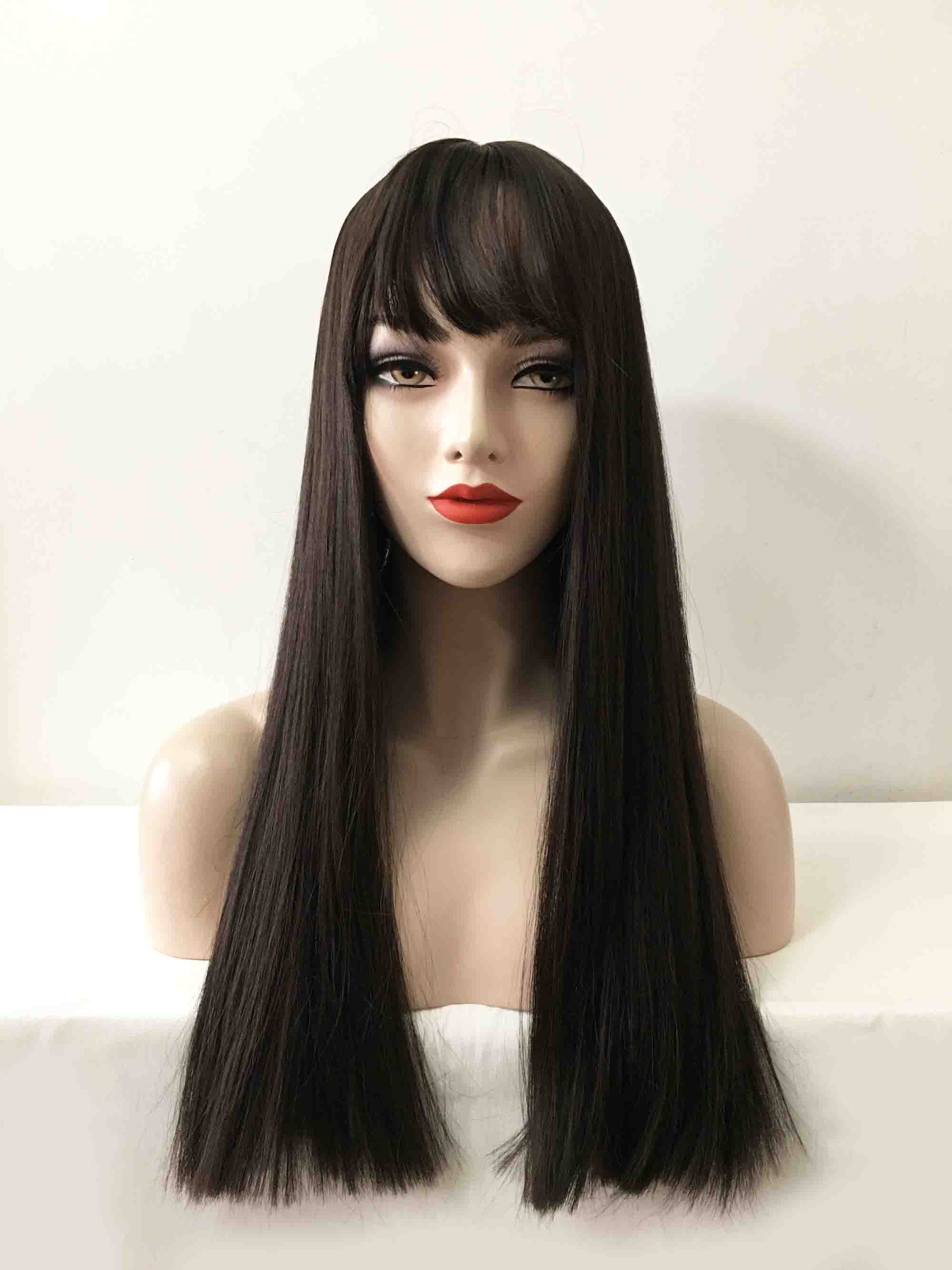 nevermindyrhead Women Black Long Straight Fringe Bangs Blunt Cut Wig