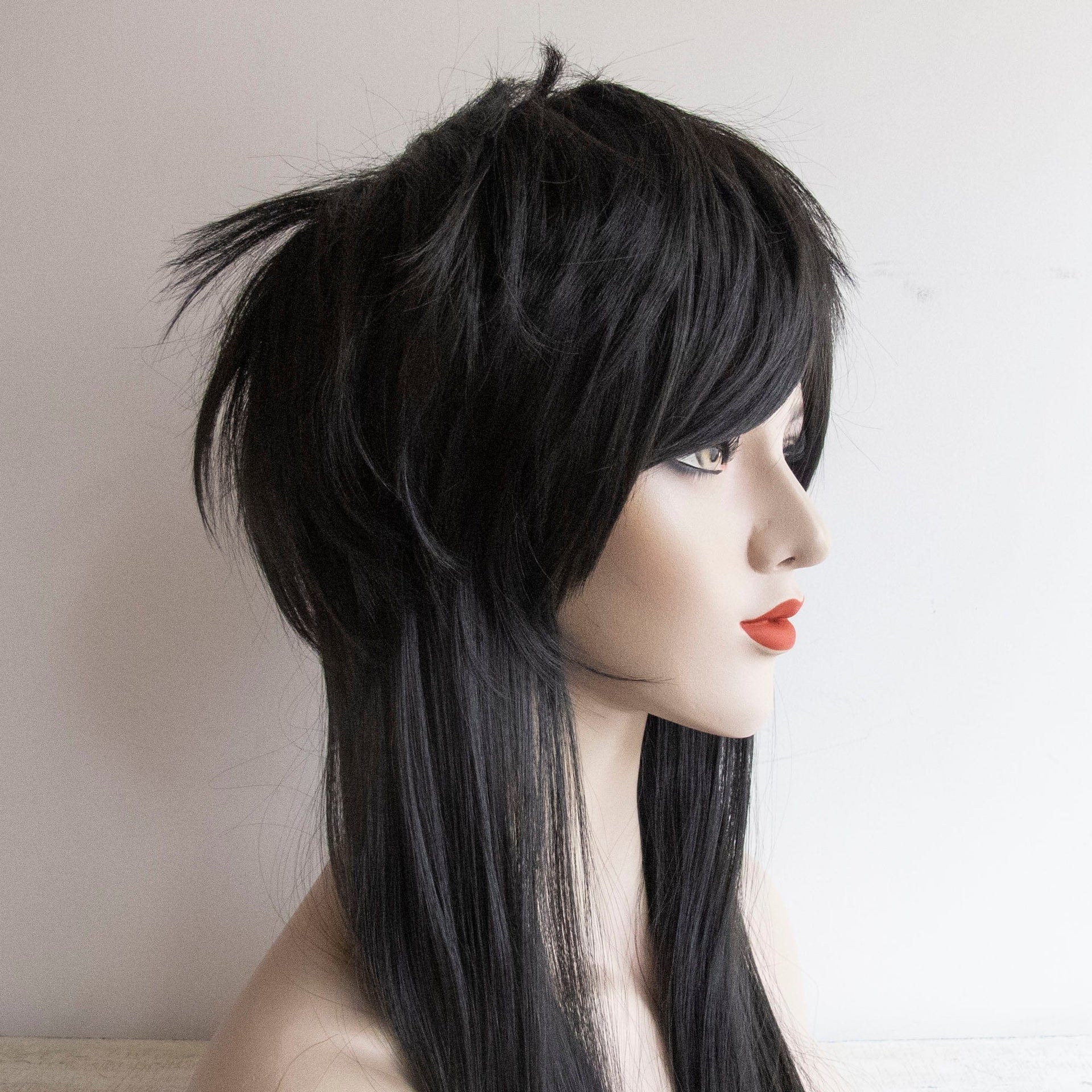 nevermindyrhead Women Black Long Straight Fringe Bangs Gothic Mullet Wolf Cut Cosplay Wig