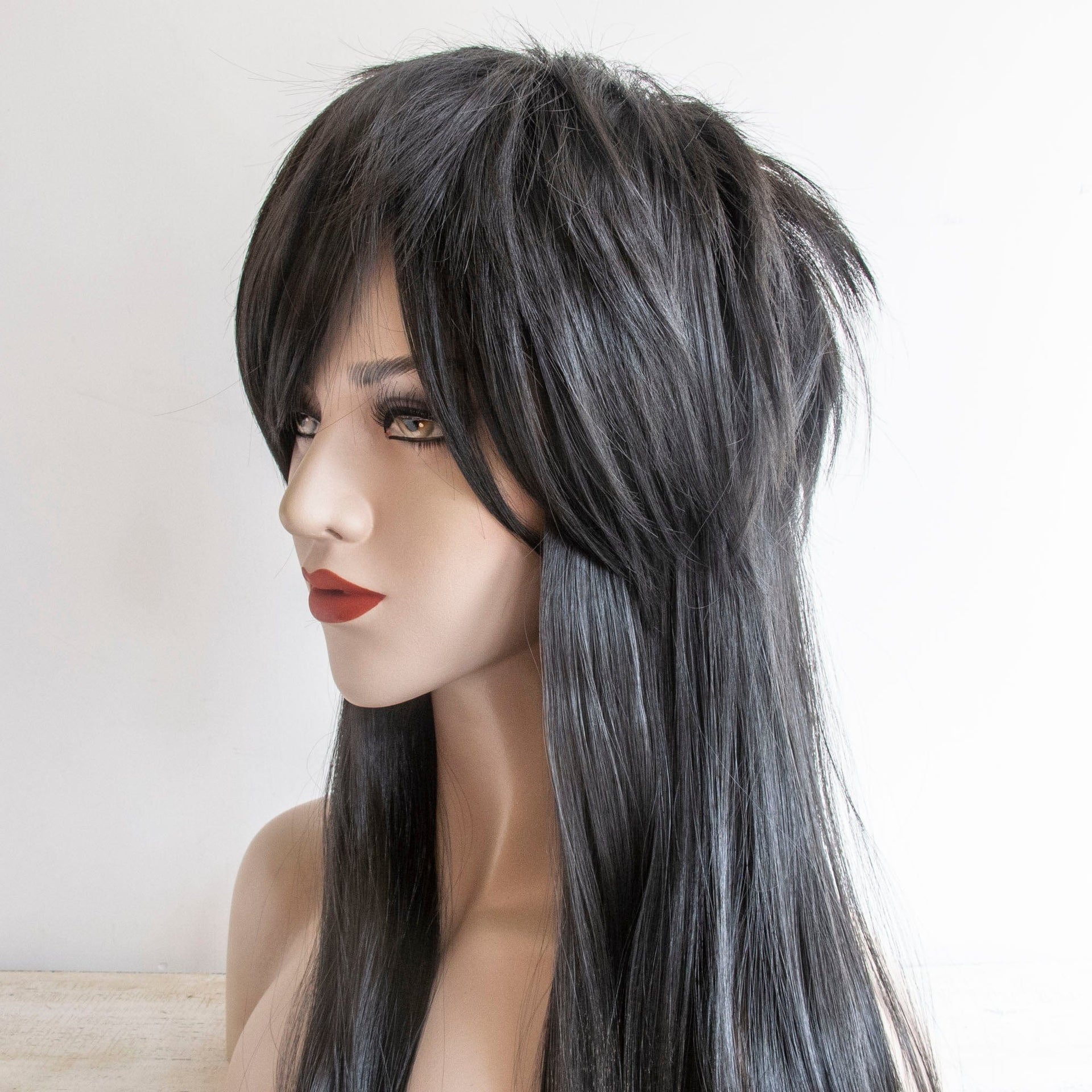 nevermindyrhead Women Black Long Straight Fringe Bangs Gothic Mullet Wolf Cut Cosplay Wig